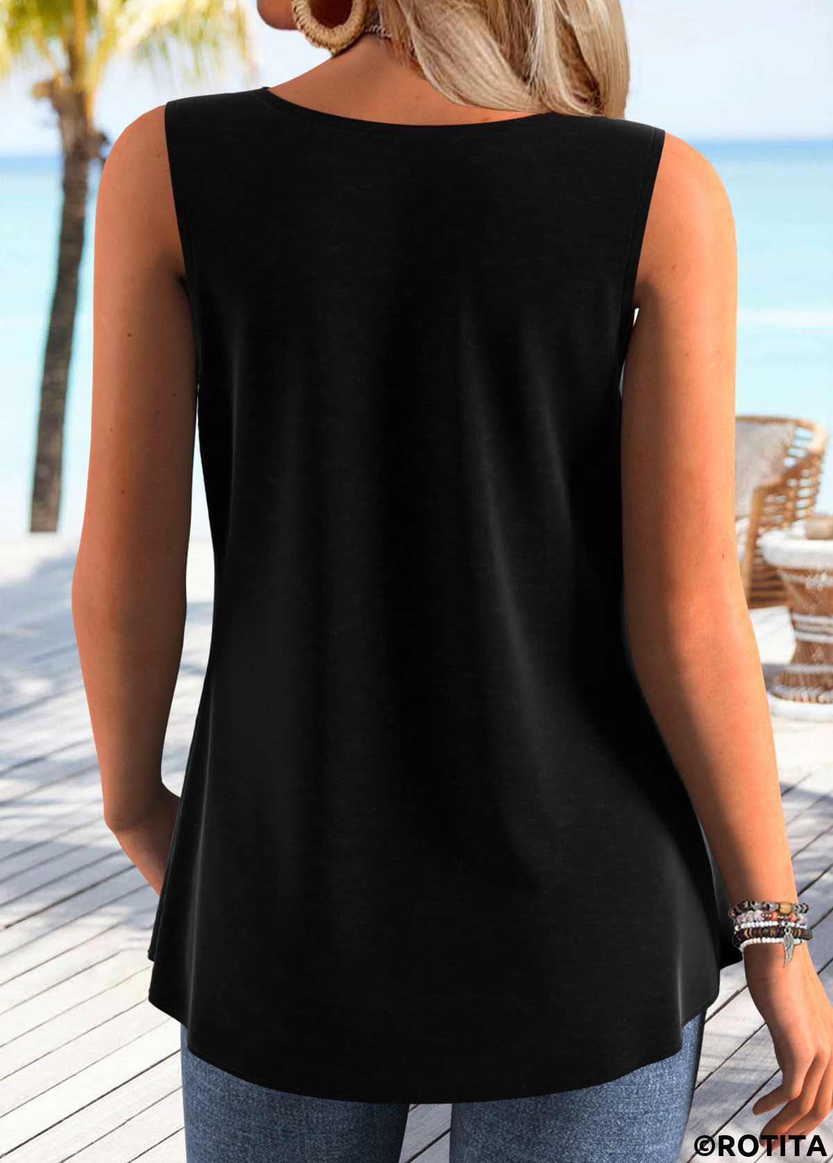Black tops,Plain Color tops,ROTITA Tummy Coverage Black V Neck Sleeveless Tank Top