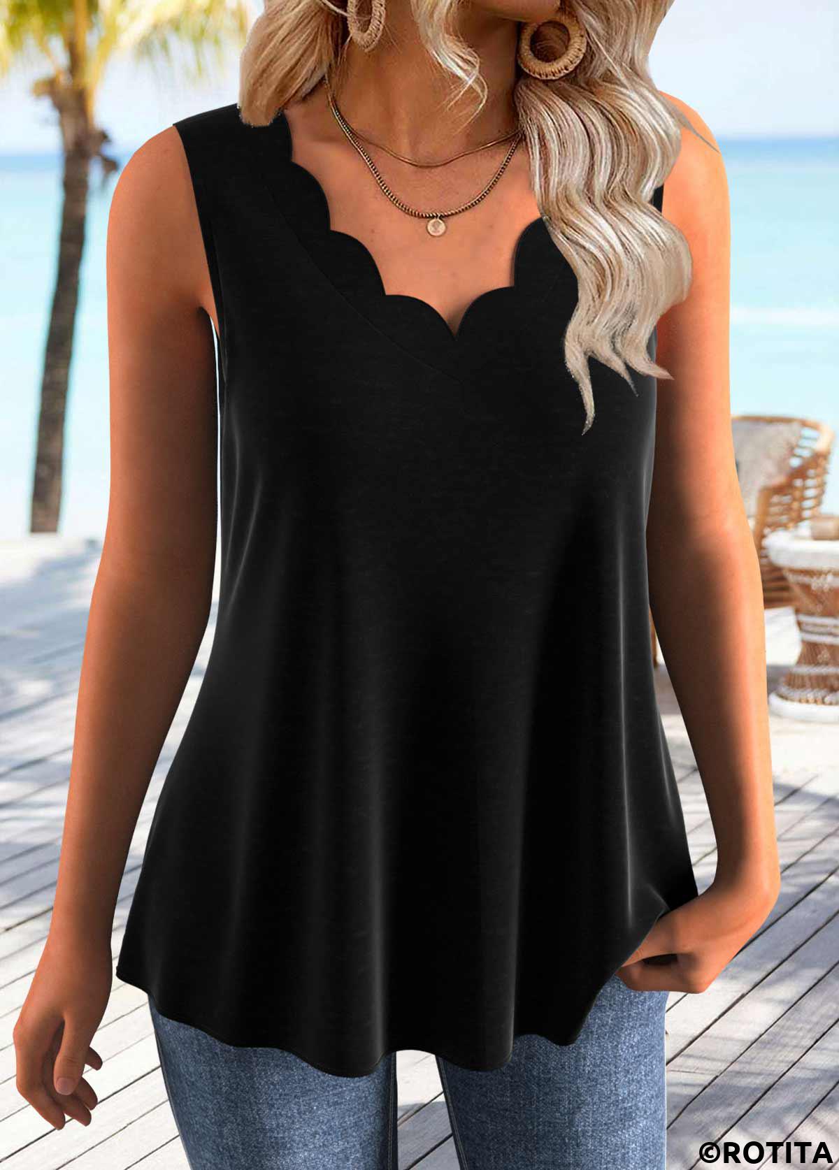 Black tops,Plain Color tops,ROTITA Tummy Coverage Black V Neck Sleeveless Tank Top
