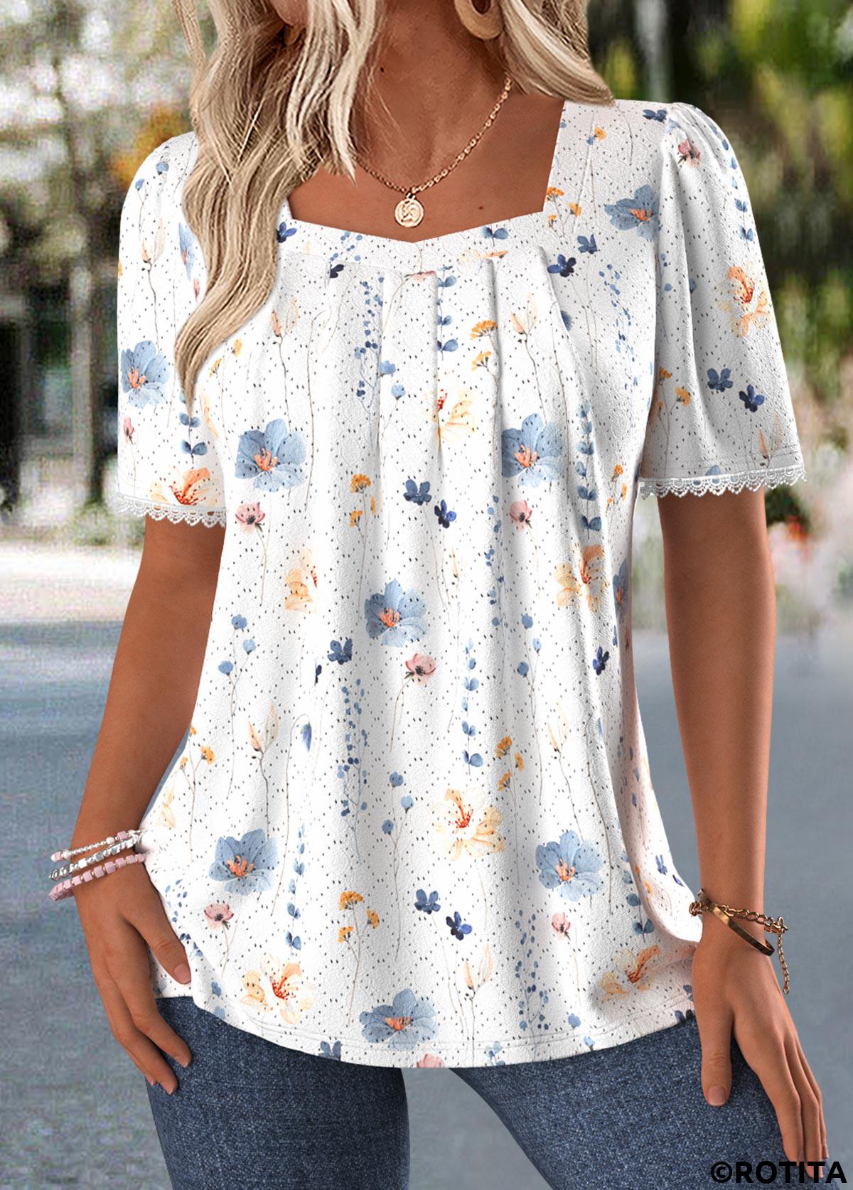 White tops,Ditsy Floral tops,ROTITA Tummy Coverage Ditsy Floral Print White T Shirt