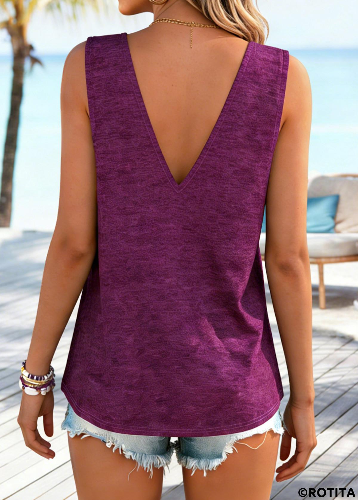 Wine Red tops,Letter tops,ROTITA Tie Letter Print Wine Red V Neck Tank Top