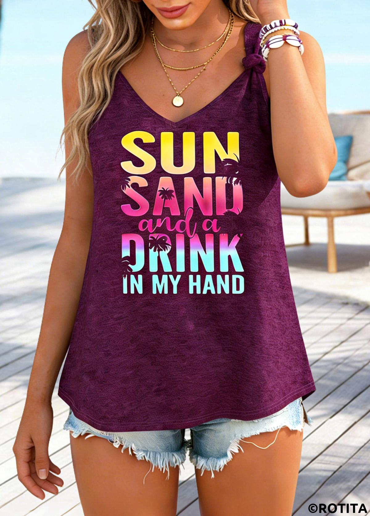 Wine Red tops,Letter tops,ROTITA Tie Letter Print Wine Red V Neck Tank Top