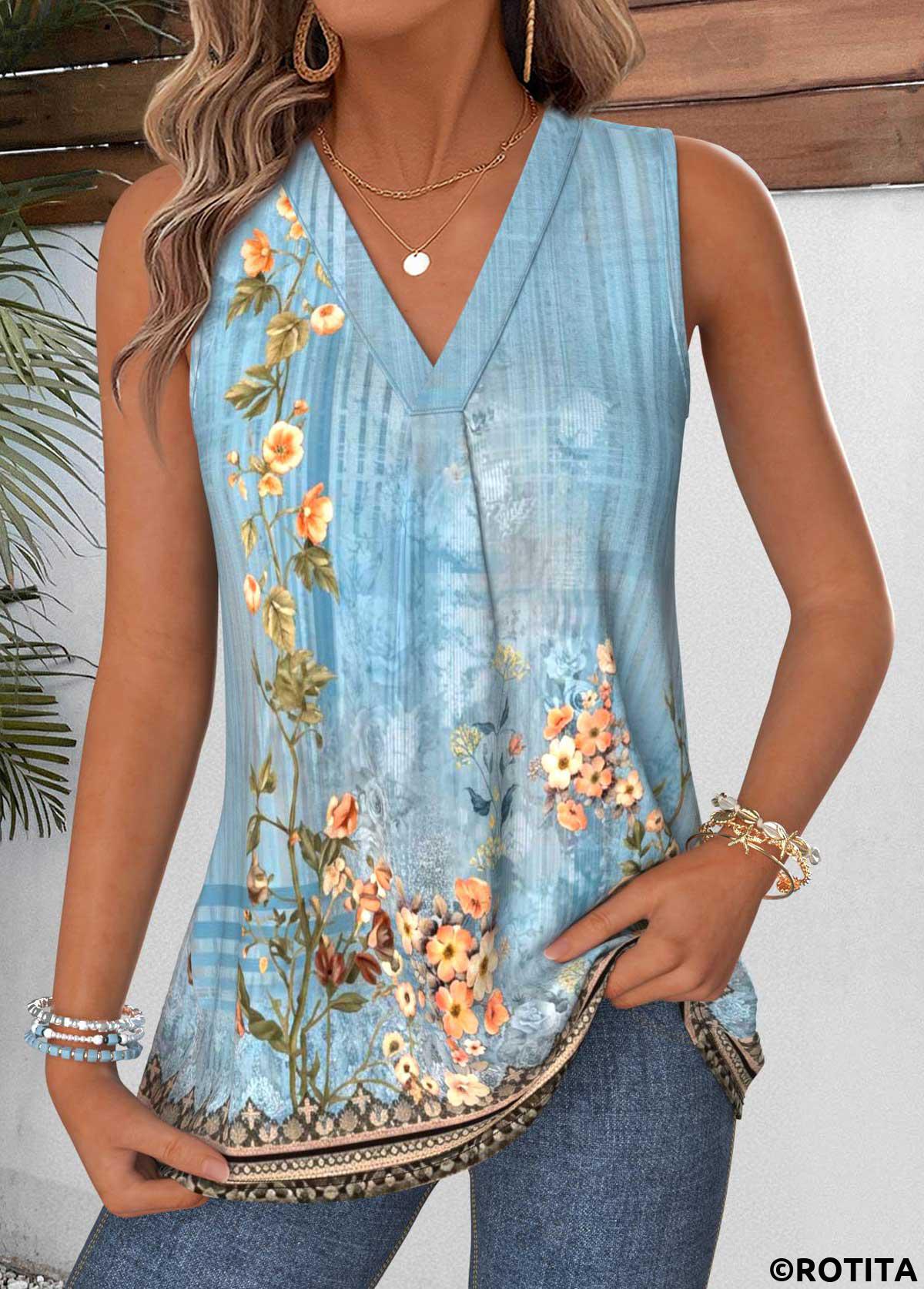 Dusty Blue tops,Plants tops,Floral tops,ROTITA Tummy Coverage Random Floral Print Dusty Blue Tank Top