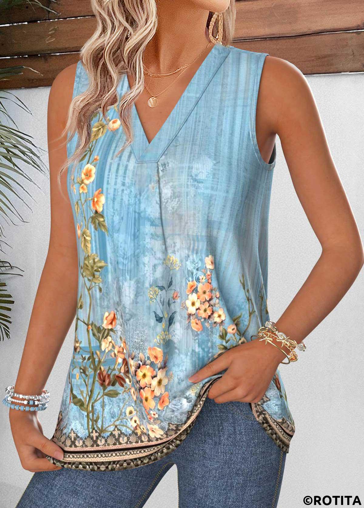 Dusty Blue tops,Plants tops,Floral tops,ROTITA Tummy Coverage Random Floral Print Dusty Blue Tank Top