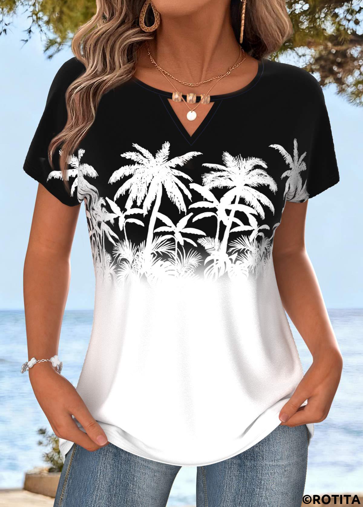 White tops,Black tops,Plants tops,ROTITA Tummy Coverage Tropical Plants Print White T Shirt