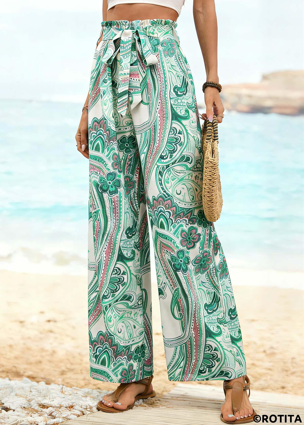 Green bottoms,Floral bottoms,Plants bottoms,ROTITA Floral Print Green Belted Wide Leg Elastic Waist Pants