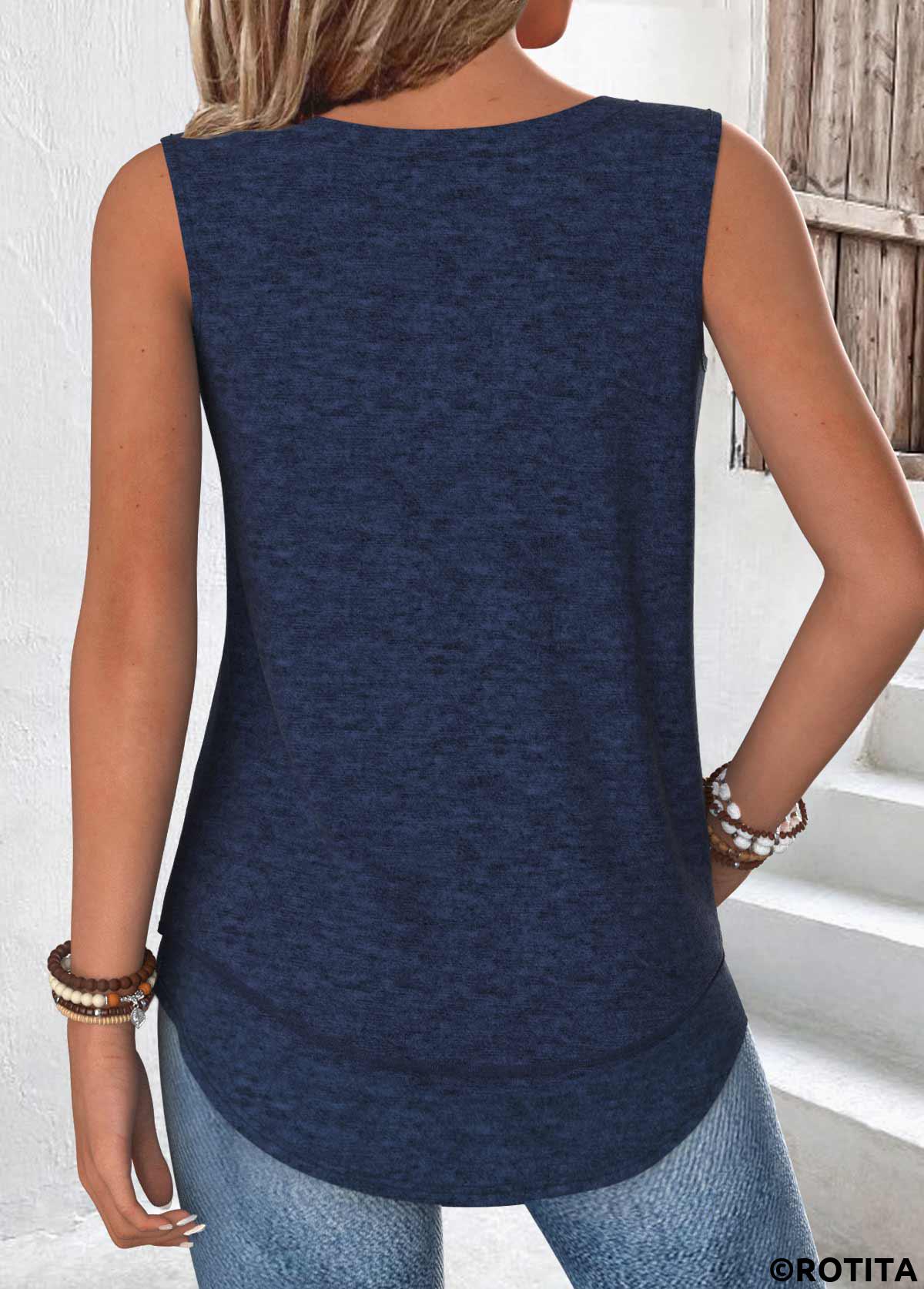Navy tops,Plain Color tops,ROTITA Tummy Coverage Navy Round Neck Sleeveless Tank Top