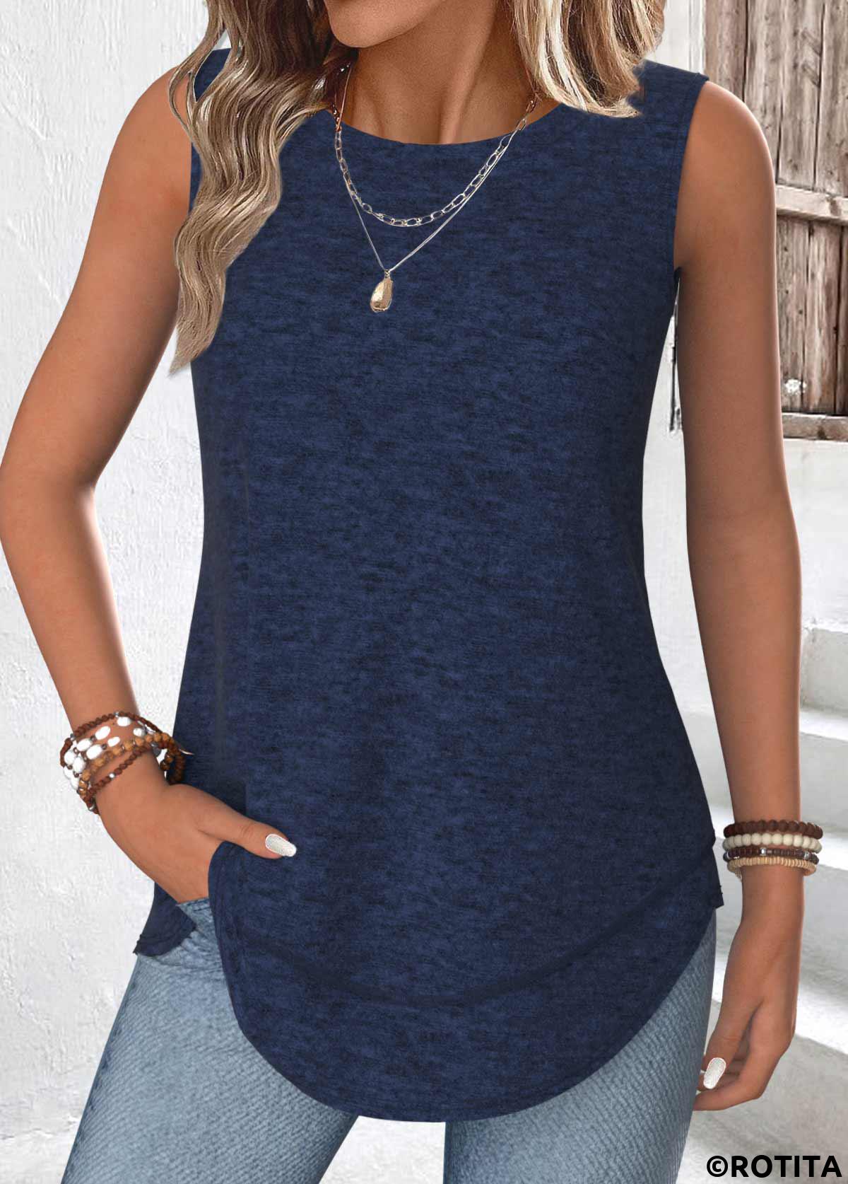 Navy tops,Plain Color tops,ROTITA Tummy Coverage Navy Round Neck Sleeveless Tank Top