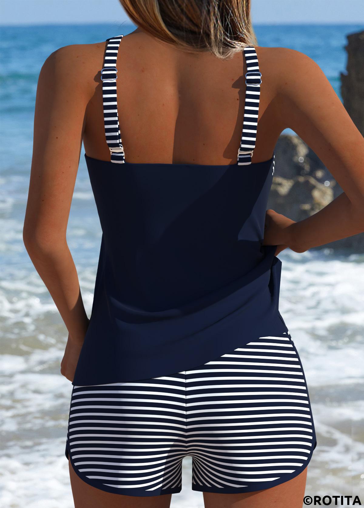 Navy swimwear,Striped swimwear,Geometric swimwear,ROTITA Tummy Coverage Navy Striped Mid Waisted Tankini Set