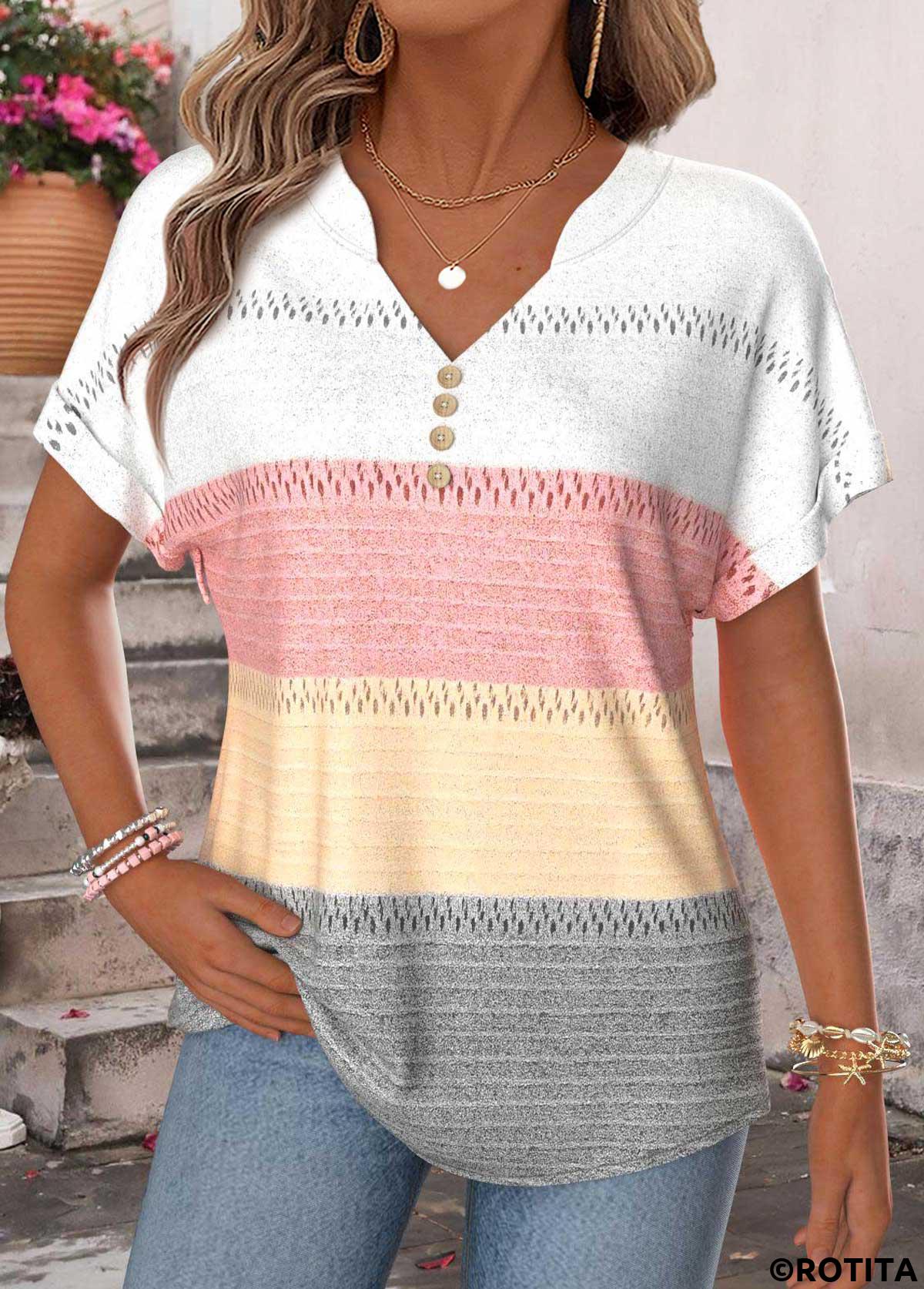 Multi Color tops,Geometric tops,ROTITA Tummy Coverage Geometric Print Multi Color T Shirt