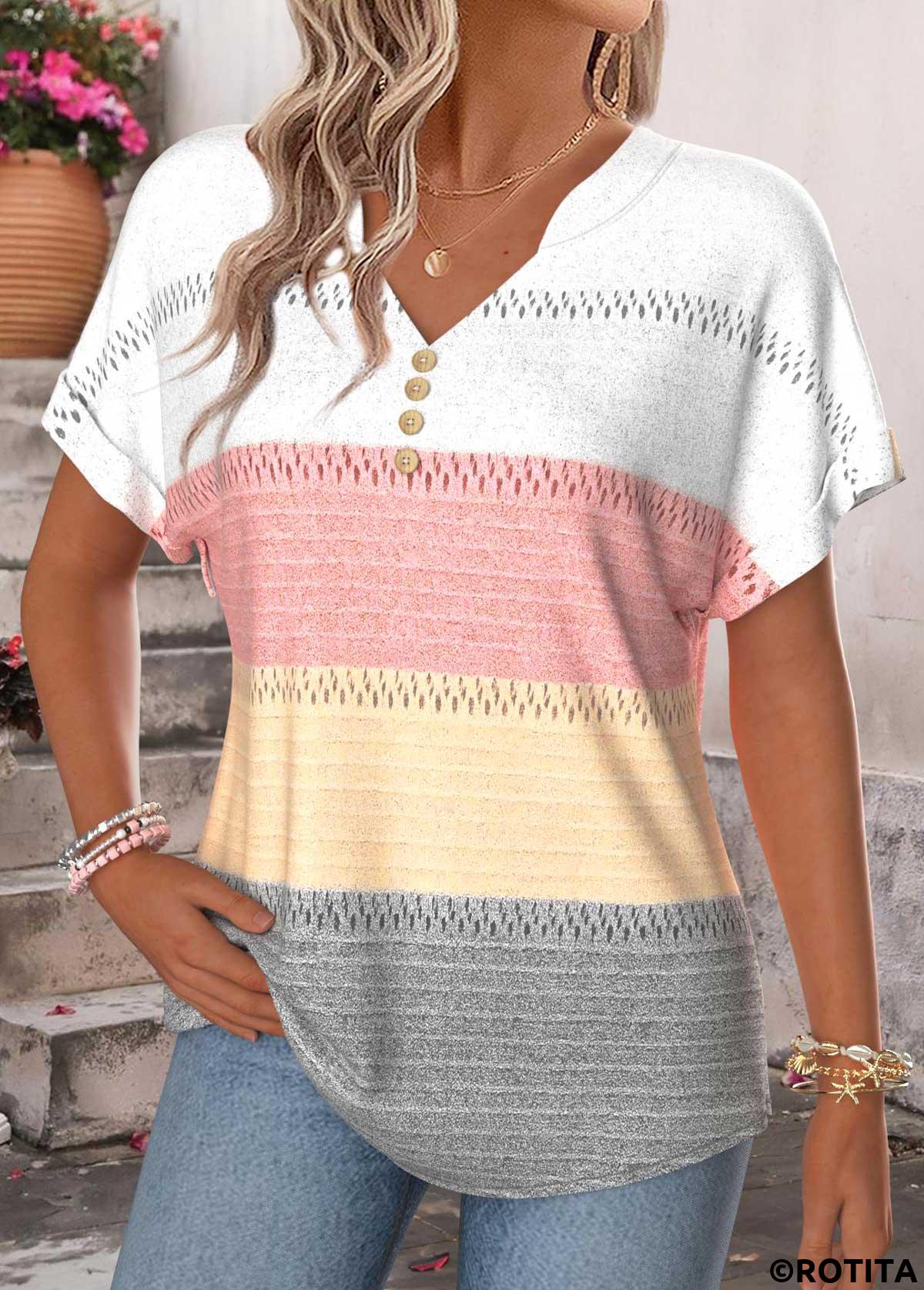 Multi Color tops,Geometric tops,ROTITA Tummy Coverage Geometric Print Multi Color T Shirt