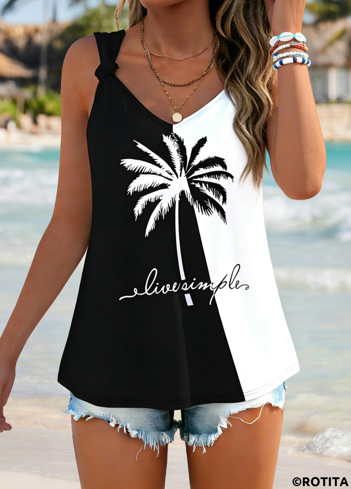 Black tops,Plants tops,ROTITA Tie Tropical Plants Print Black V Neck Tank Top