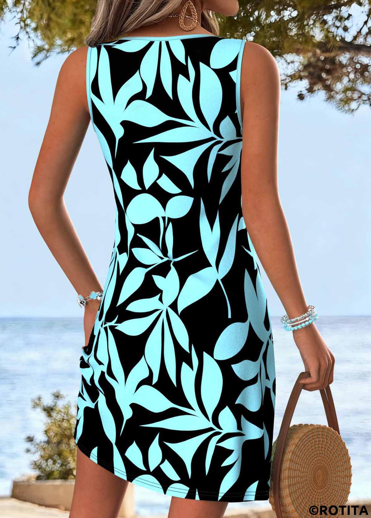 Cyan dresses,Black dresses,Plants dresses,Vacation dresses,Vacation dresses,ROTITA Tummy Coverage Leaf Print Cyan Short V Neck Dress