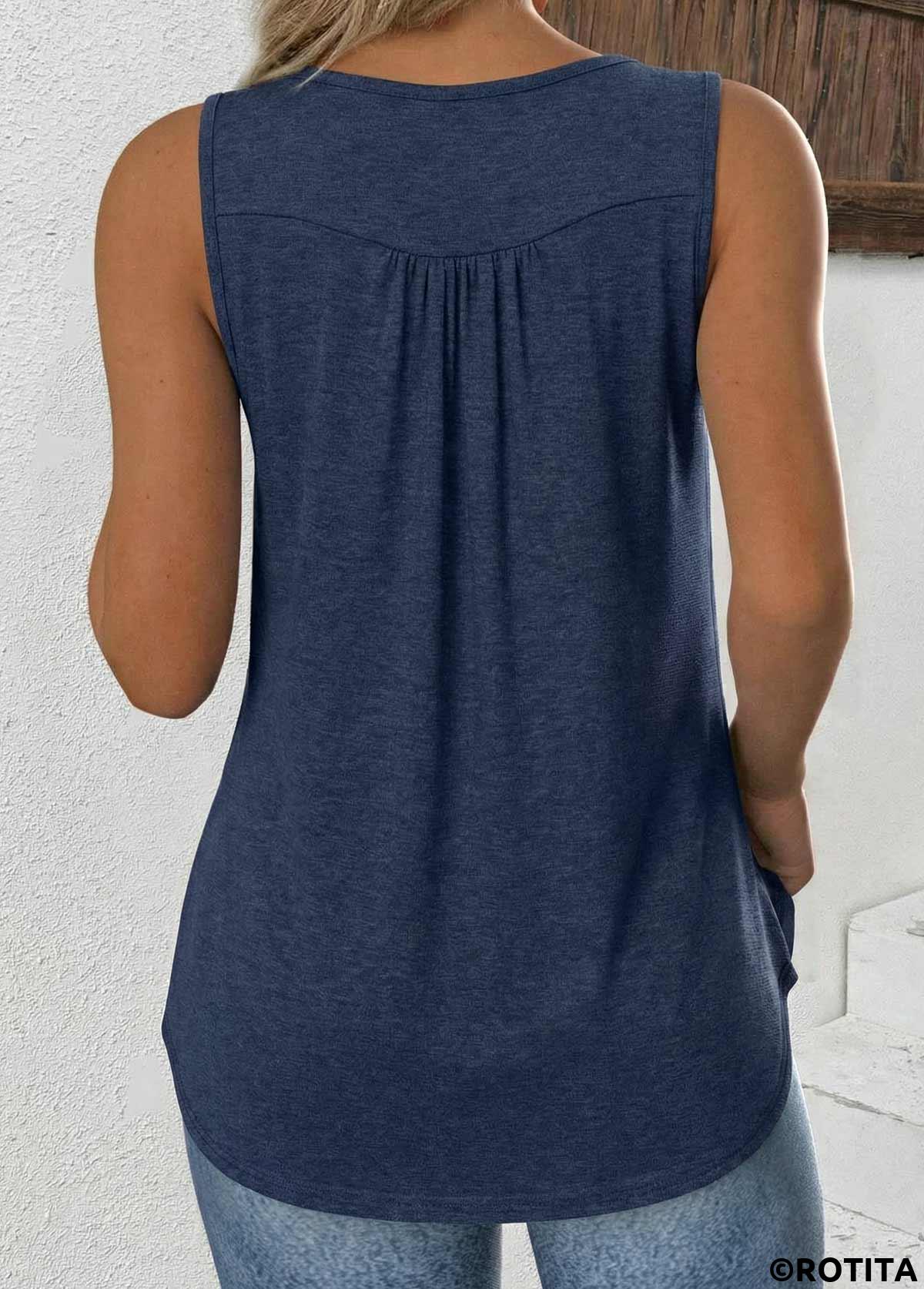 Navy tops,Plain Color tops,ROTITA Tummy Coverage Navy Round Neck Sleeveless Tank Top