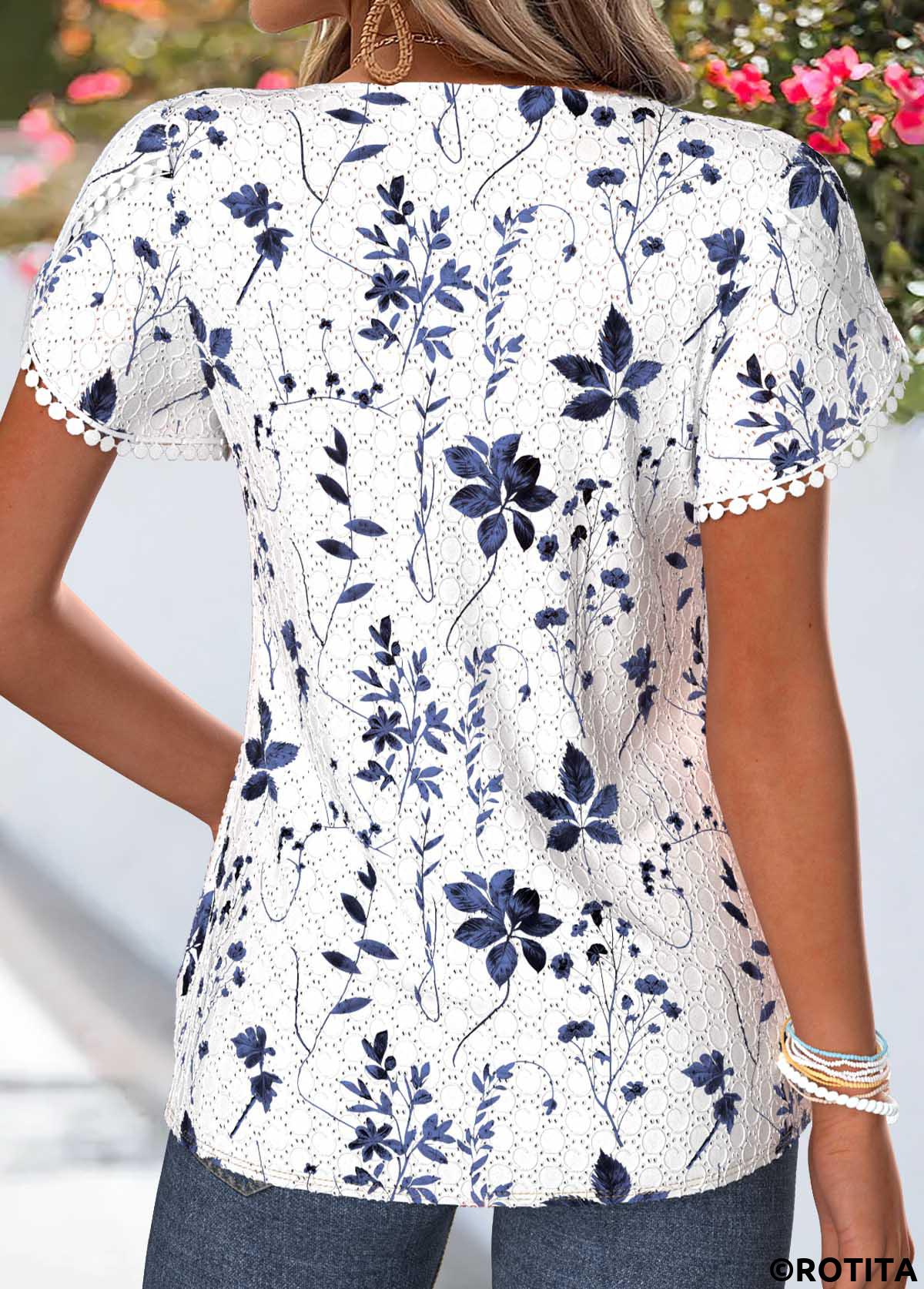 White tops,Floral tops,Plants tops,ROTITA Tummy Coverage Floral Print White Split Neck T Shirt