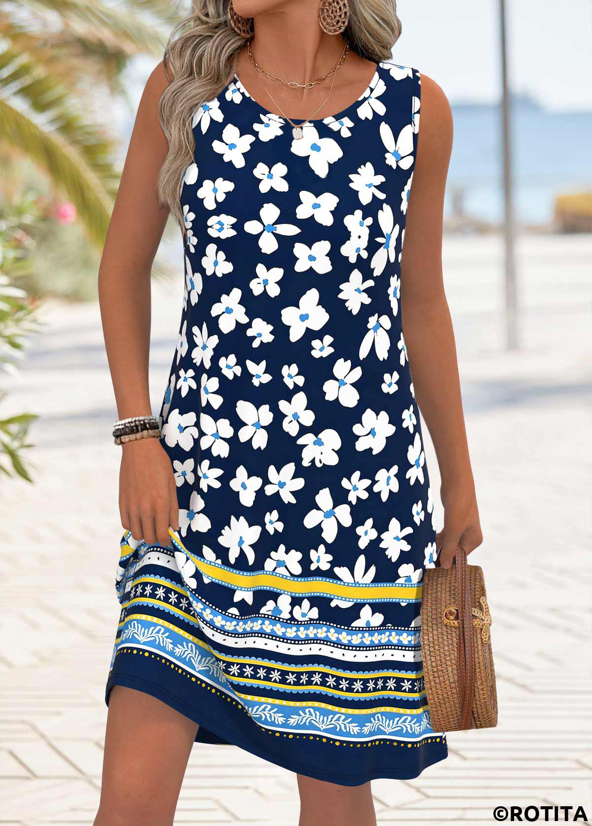 Navy dresses,Floral dresses,Plants dresses,Vacation dresses,ROTITA Navy Floral Print Tummy Coverage Round Neck Sleeveless Dress
