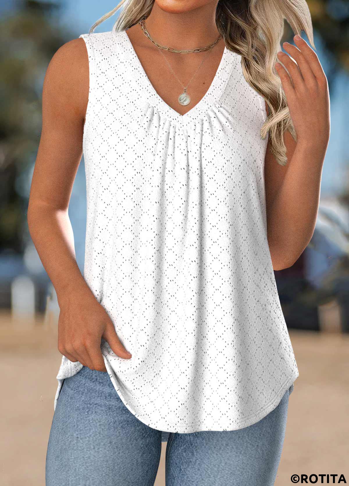 White tops,Plain Color tops,ROTITA Tummy Coverage White V Neck Sleeveless Tank Top