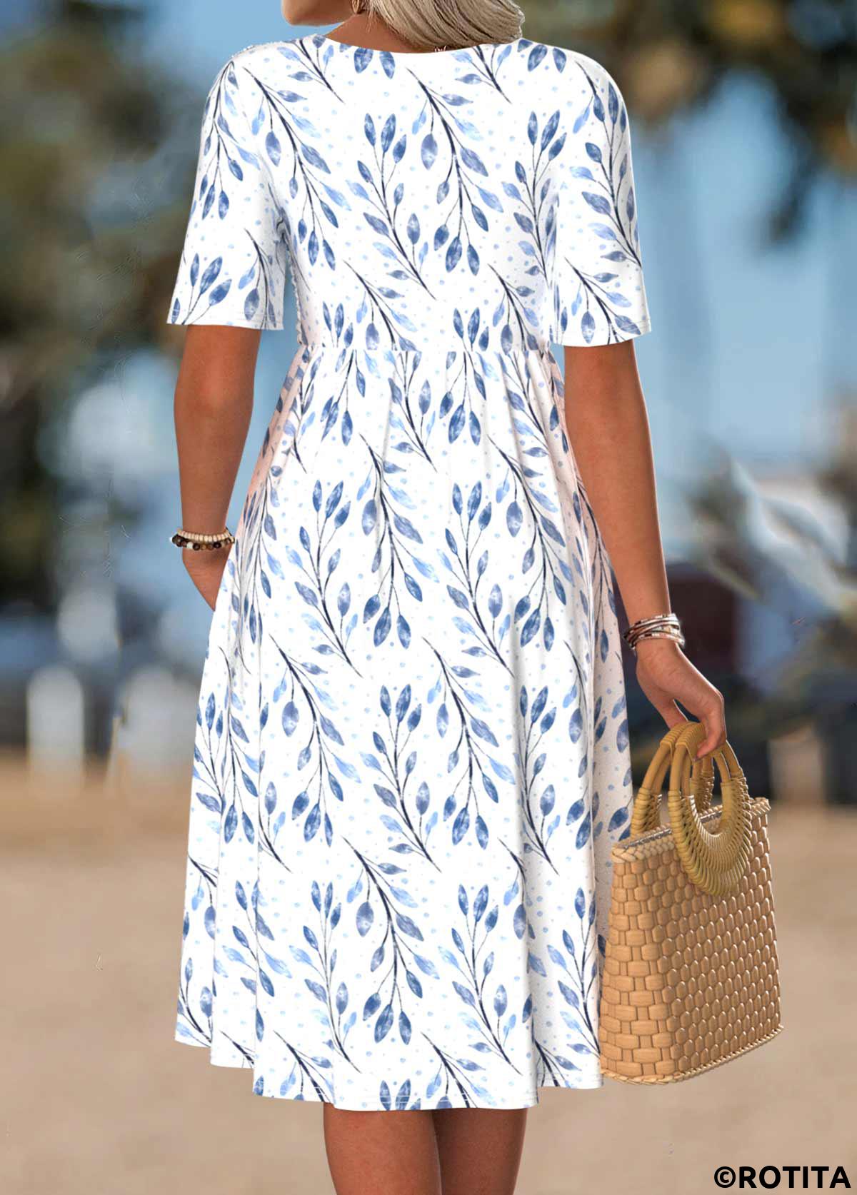 White dresses,Plants dresses,Vacation dresses,ROTITA White Leaf Print Smocked Split Neck Short Sleeve Dress