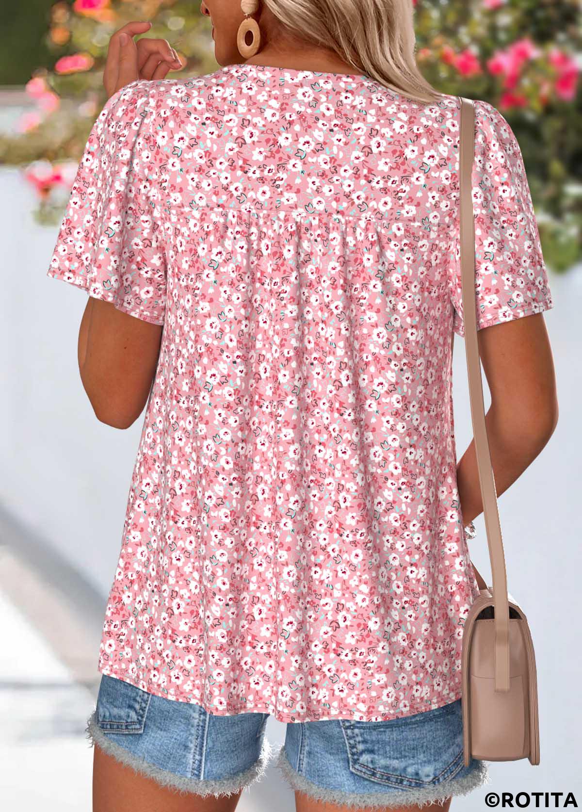 Pink tops,Ditsy Floral tops,ROTITA Curved Hem Ditsy Floral Print Pink T Shirt