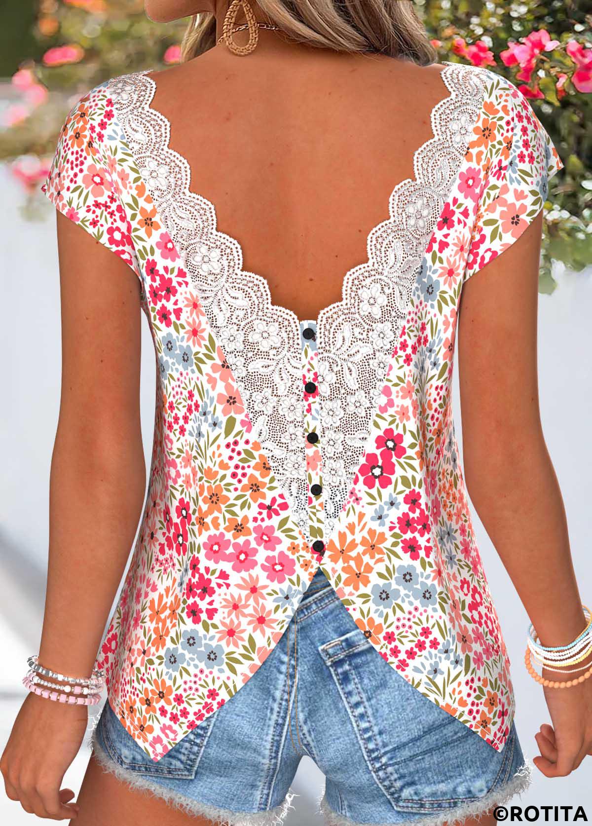 Pink tops,Floral tops,Plants tops,ROTITA Tummy Coverage Floral Print Pink V Neck T Shirt