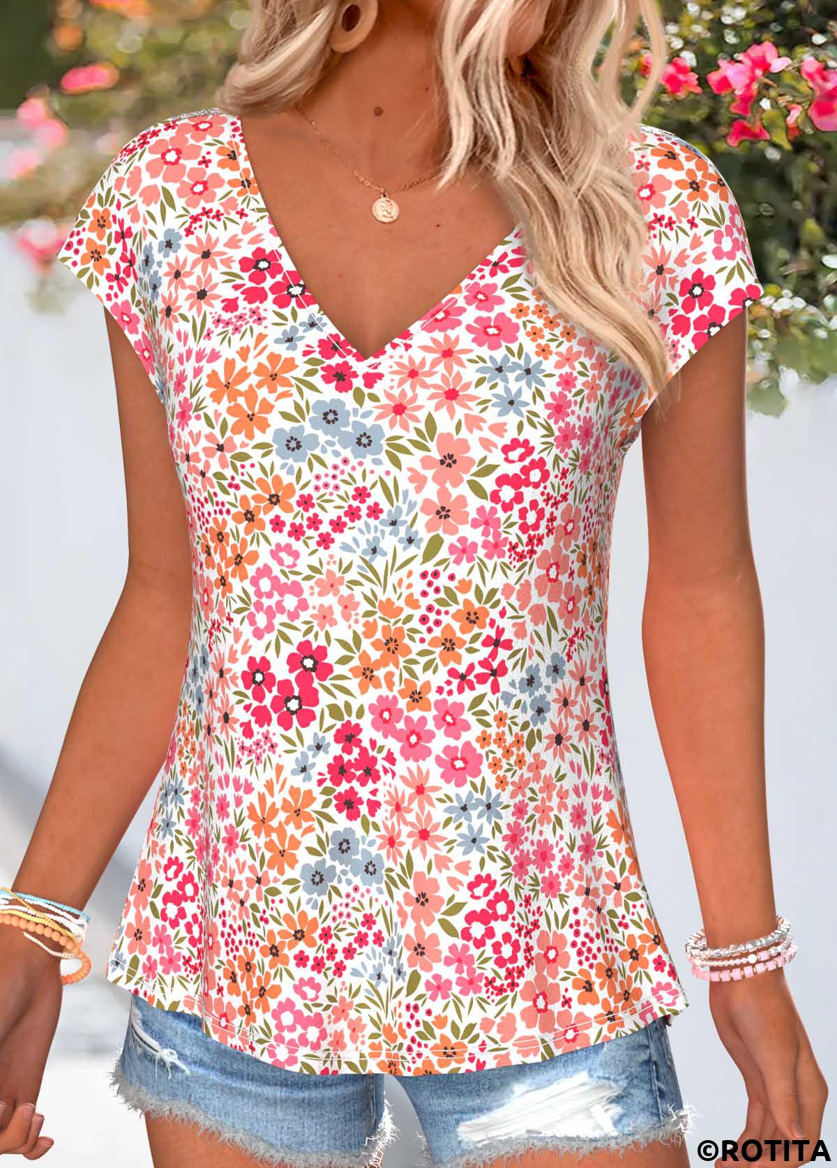 Pink tops,Floral tops,Plants tops,ROTITA Tummy Coverage Floral Print Pink V Neck T Shirt