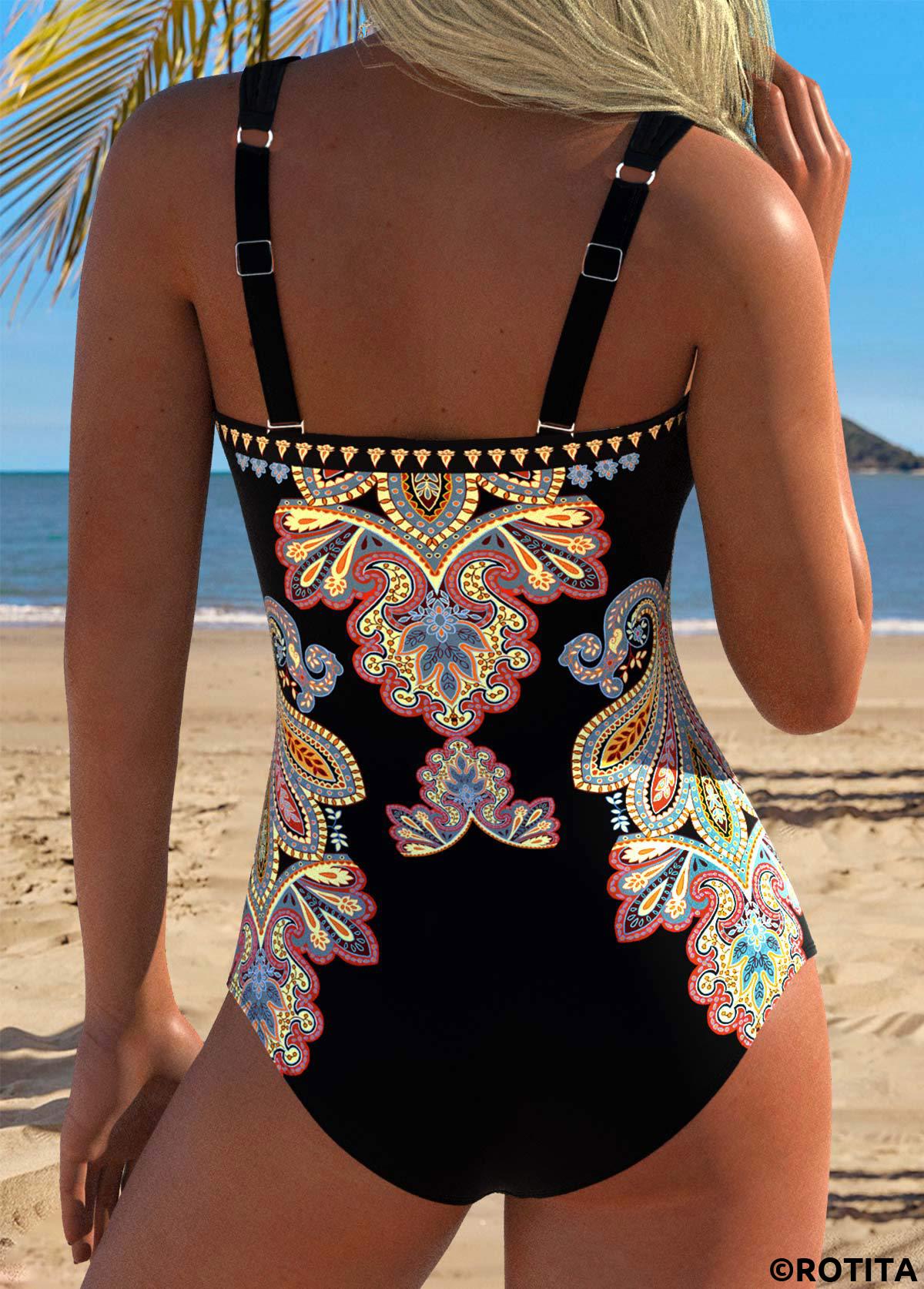 Multi Color swimwear,Tribal swimwear,ROTITA Multi Color Tummy Control Tribal Print One Piece Swimwear