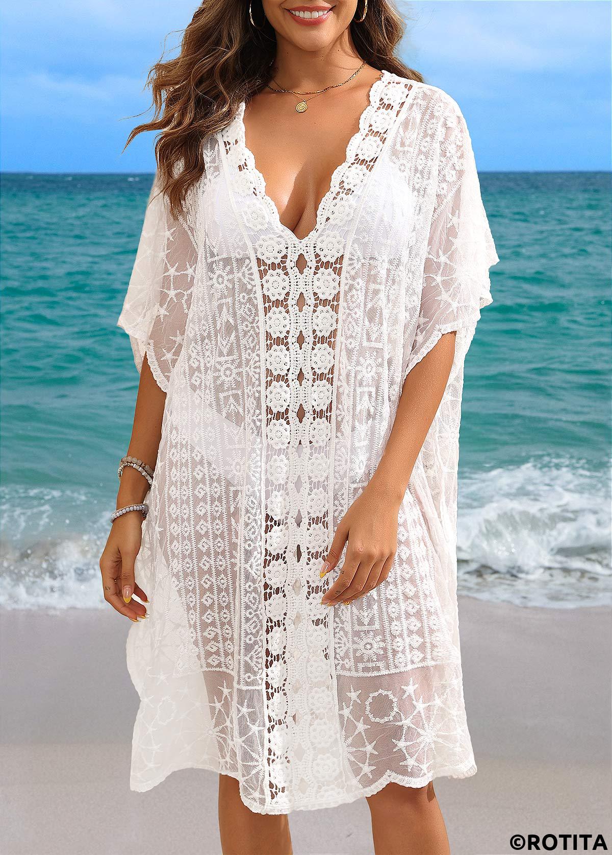 White swimwear,Plain Color swimwear,Patchwork V Neck Lace White Cover Up
