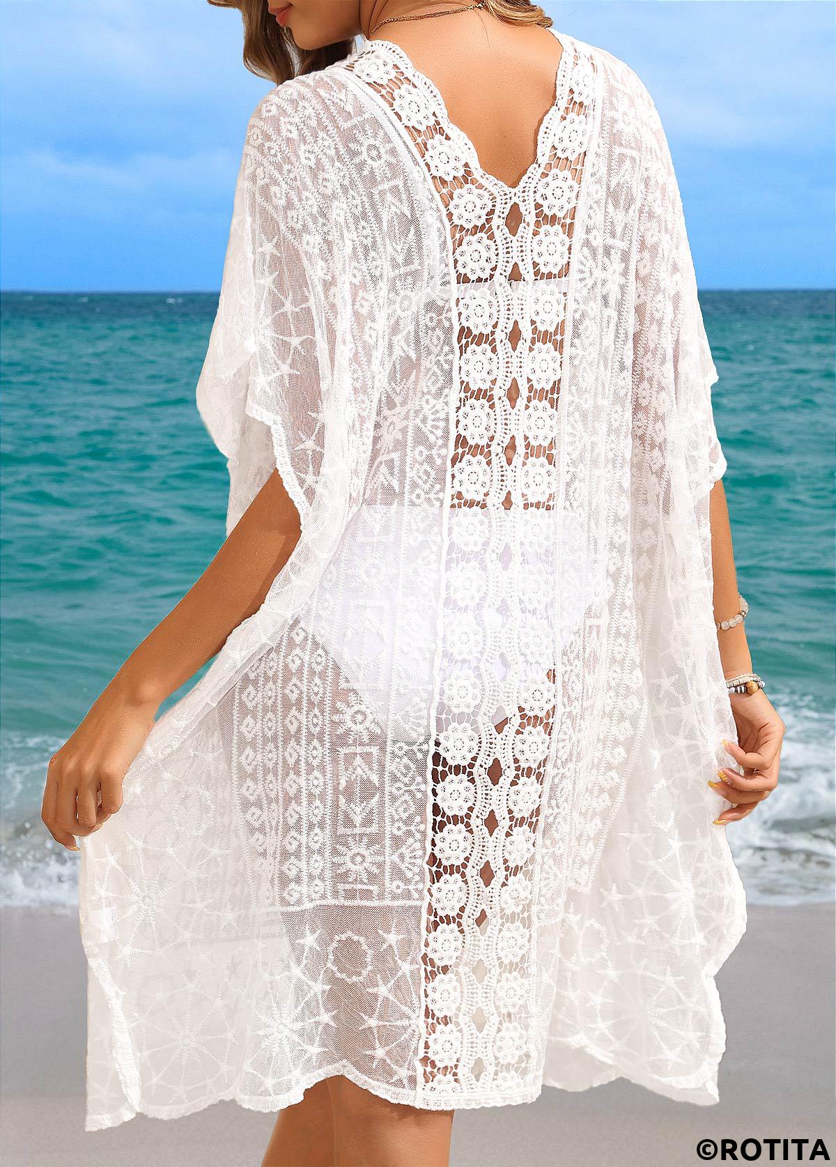 White swimwear,Plain Color swimwear,Patchwork V Neck Lace White Cover Up