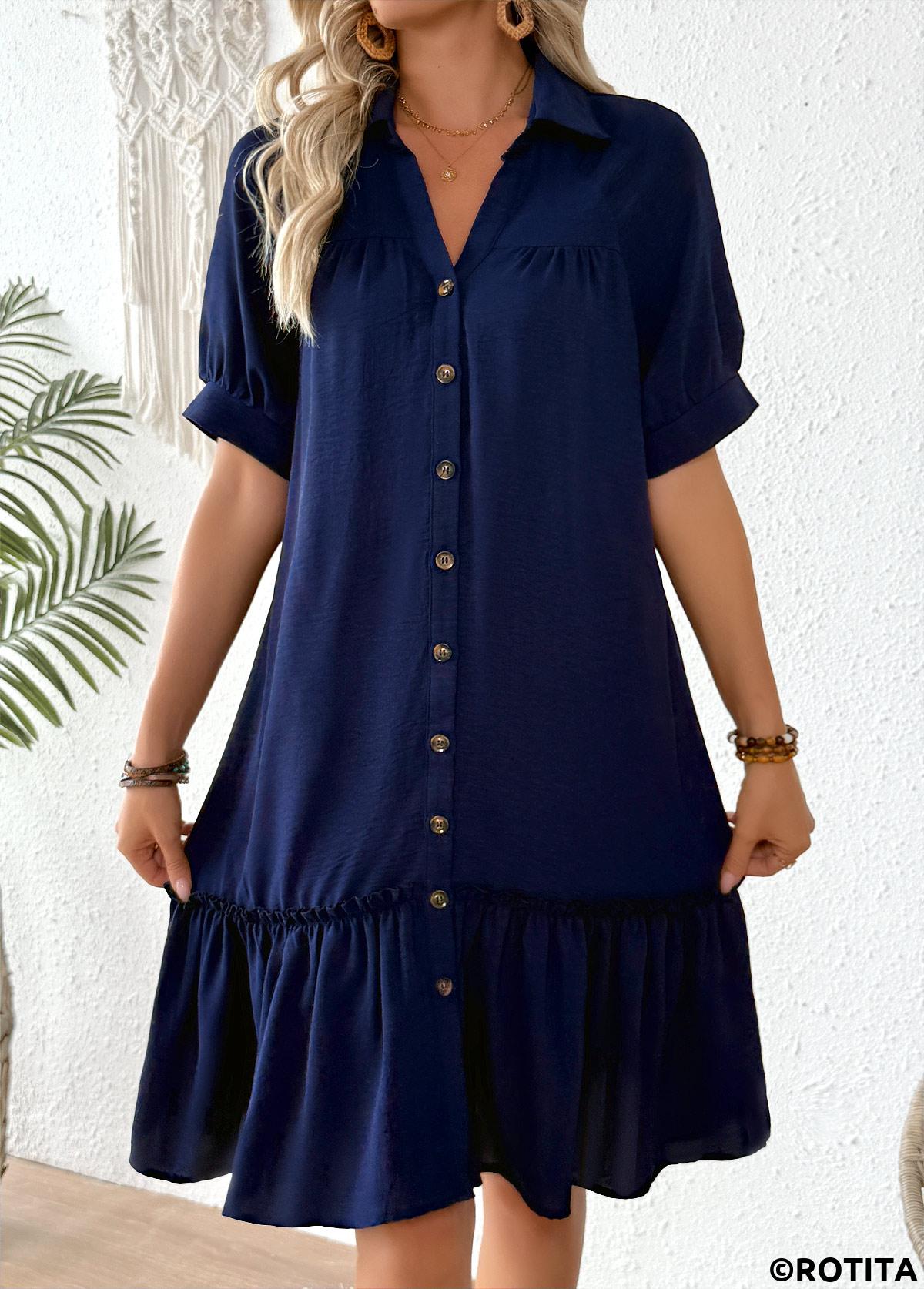 Navy dresses,Plain Color dresses,Everyday dresses,Casual dresses,ROTITA Navy Patchwork Shirt Collar Half Sleeve Dress