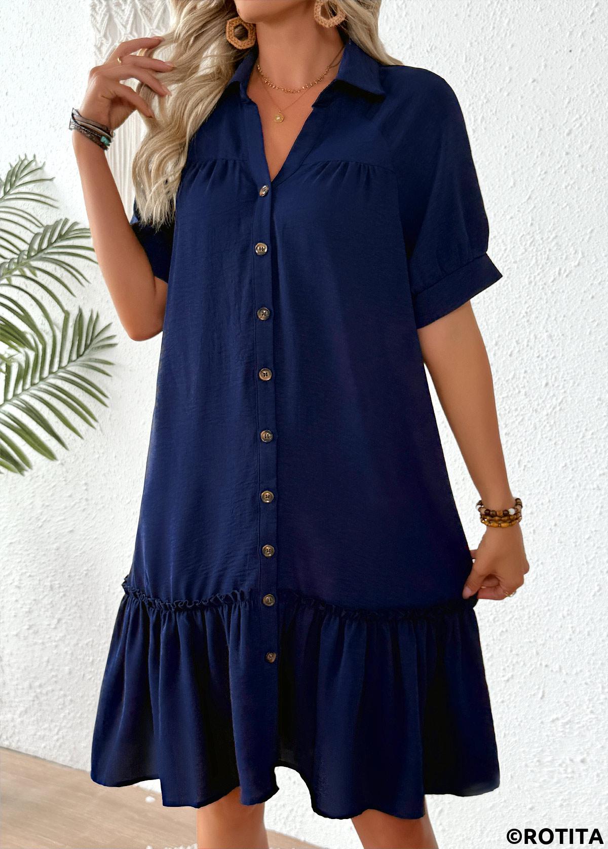Navy dresses,Plain Color dresses,Everyday dresses,Casual dresses,ROTITA Navy Patchwork Shirt Collar Half Sleeve Dress