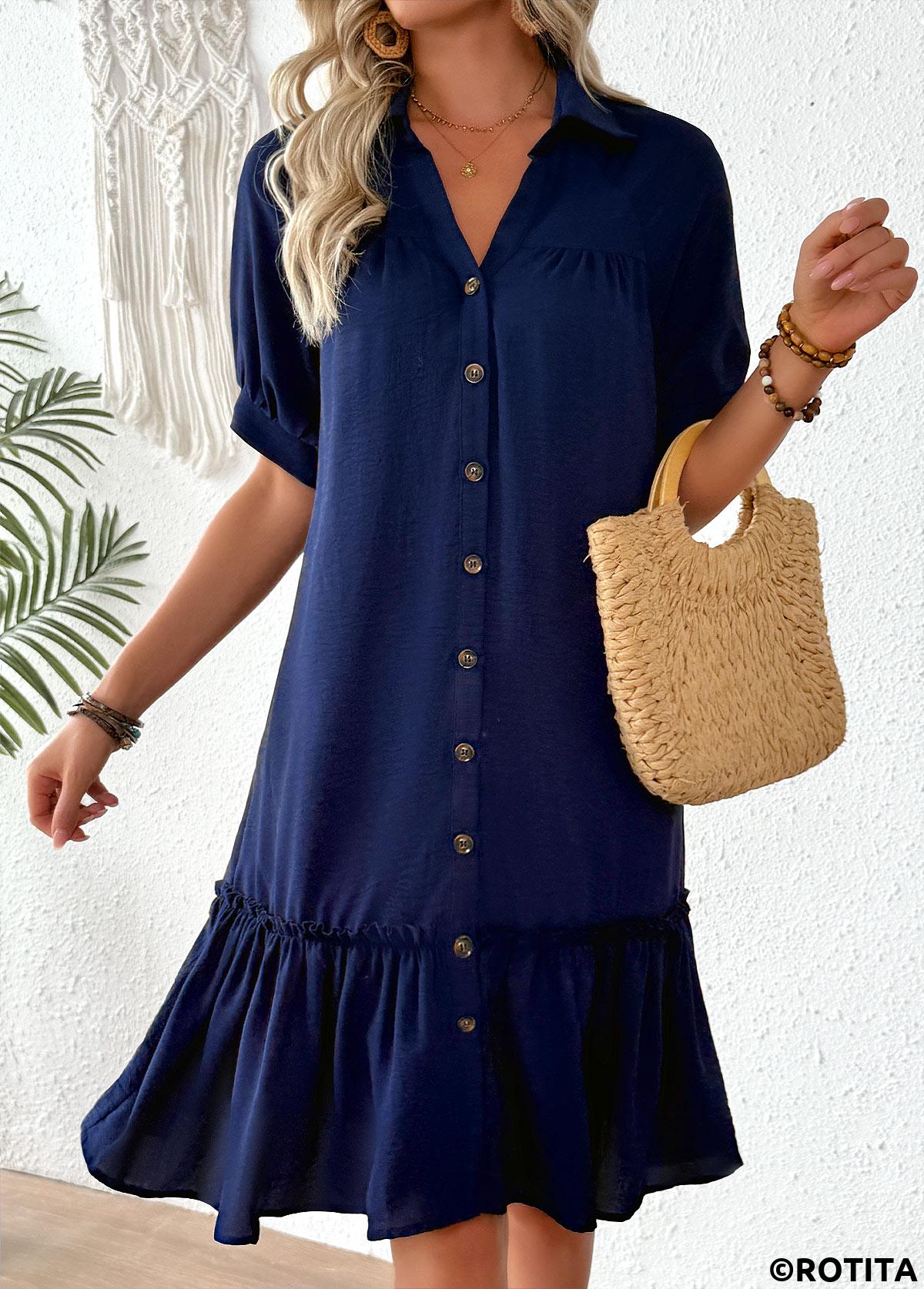 Navy dresses,Plain Color dresses,Everyday dresses,Casual dresses,ROTITA Navy Patchwork Shirt Collar Half Sleeve Dress