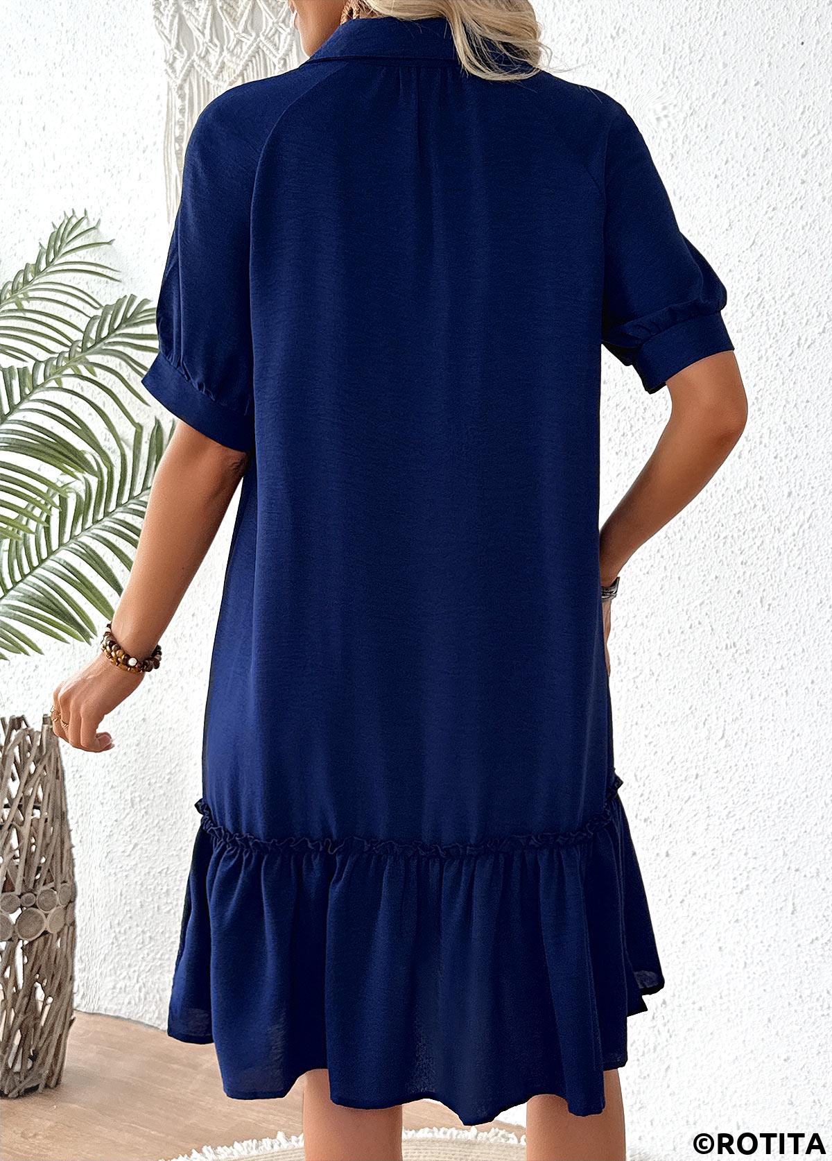 Navy dresses,Plain Color dresses,Everyday dresses,Casual dresses,ROTITA Navy Patchwork Shirt Collar Half Sleeve Dress