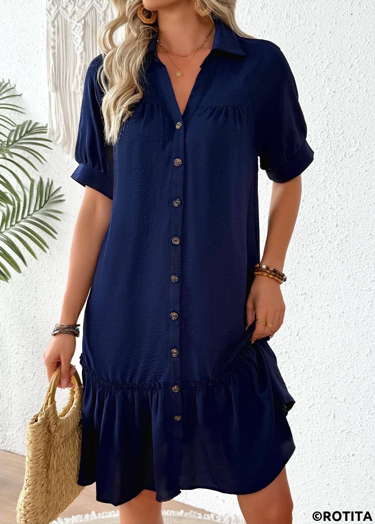 Navy dresses,Plain Color dresses,Everyday dresses,Casual dresses,ROTITA Navy Patchwork Shirt Collar Half Sleeve Dress