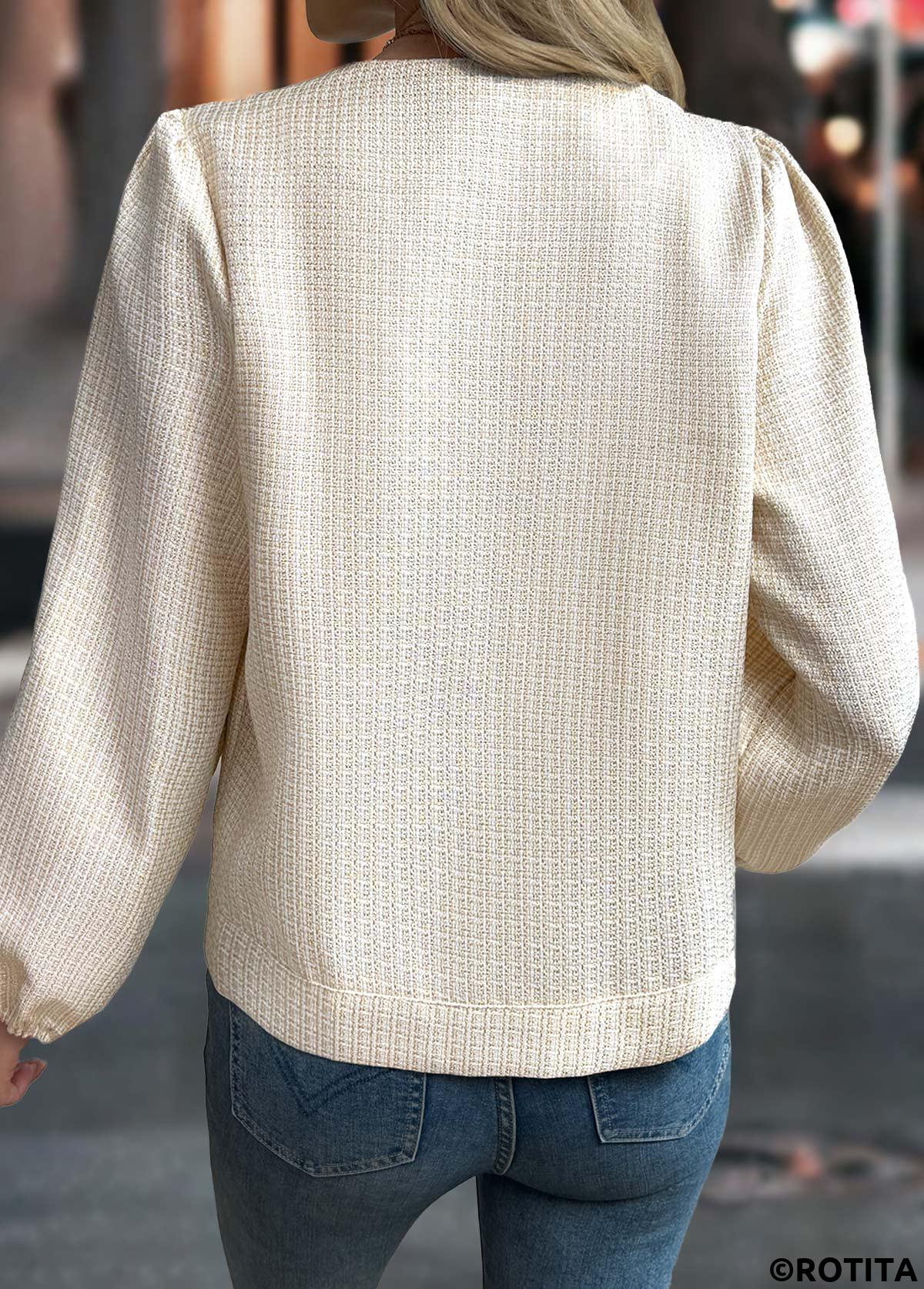 Beige tops,Plain Color tops,Tummy Coverage Beige Round Neck Long Sleeve Coat