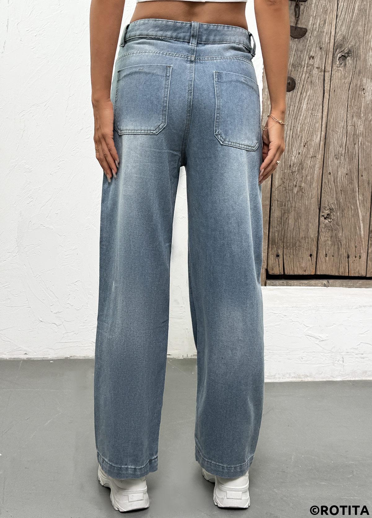 Denim Blue bottoms,Plain Color bottoms,Pocket Denim Blue Straight Leg Button Fly Jeans