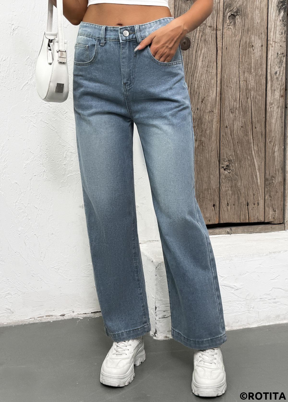 Denim Blue bottoms,Plain Color bottoms,Pocket Denim Blue Straight Leg Button Fly Jeans