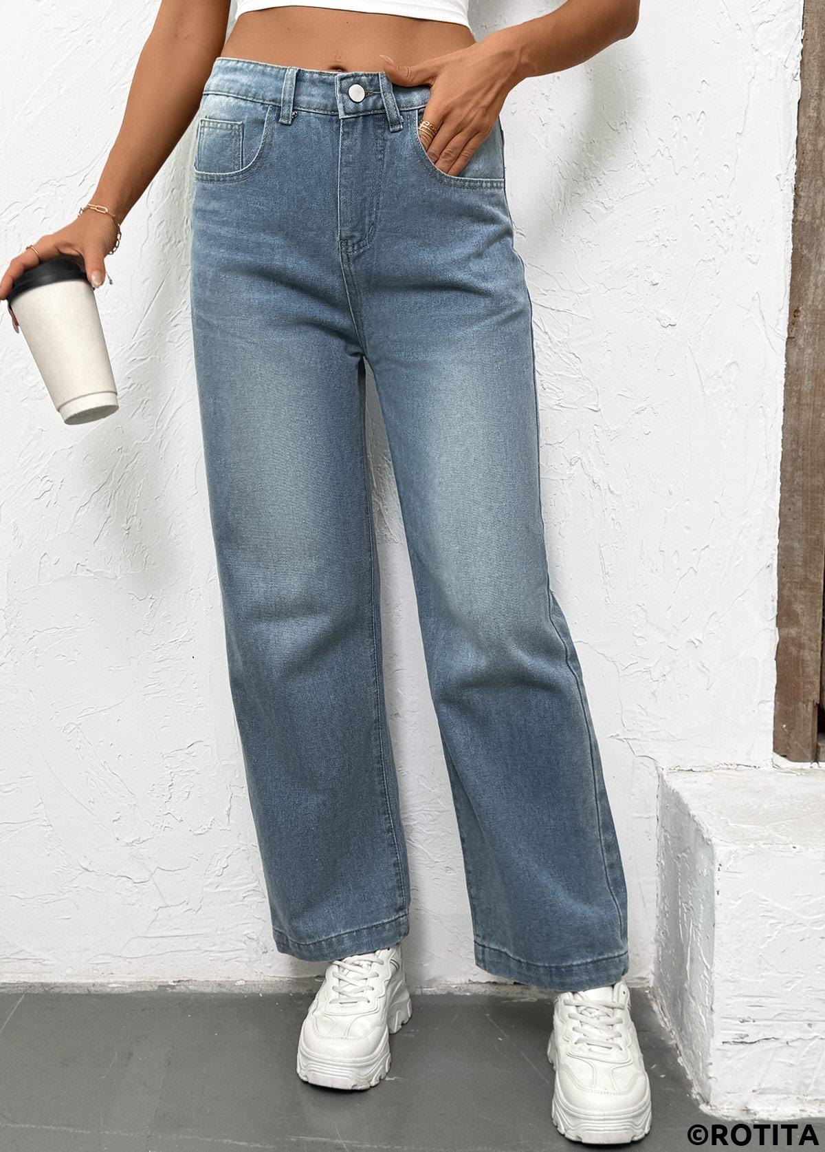 Denim Blue bottoms,Plain Color bottoms,Pocket Denim Blue Straight Leg Button Fly Jeans