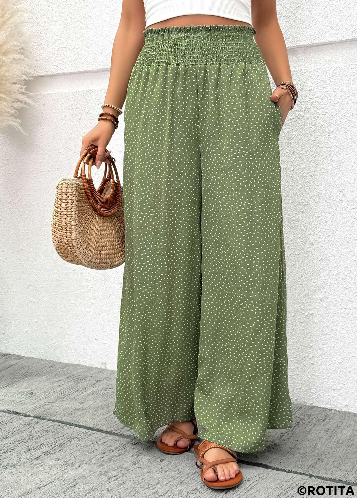 Sage Green bottoms,Plain Color bottoms,Flowy Sage Green Wide Leg Elastic Waist Pants