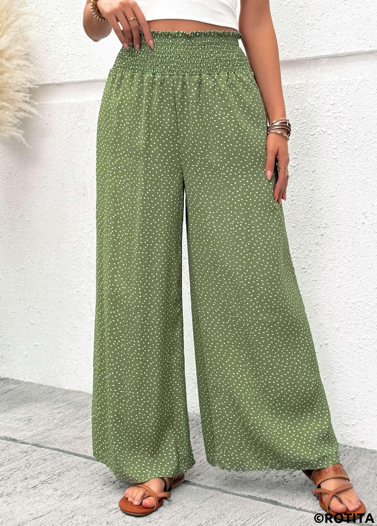 Sage Green bottoms,Plain Color bottoms,Flowy Sage Green Wide Leg Elastic Waist Pants
