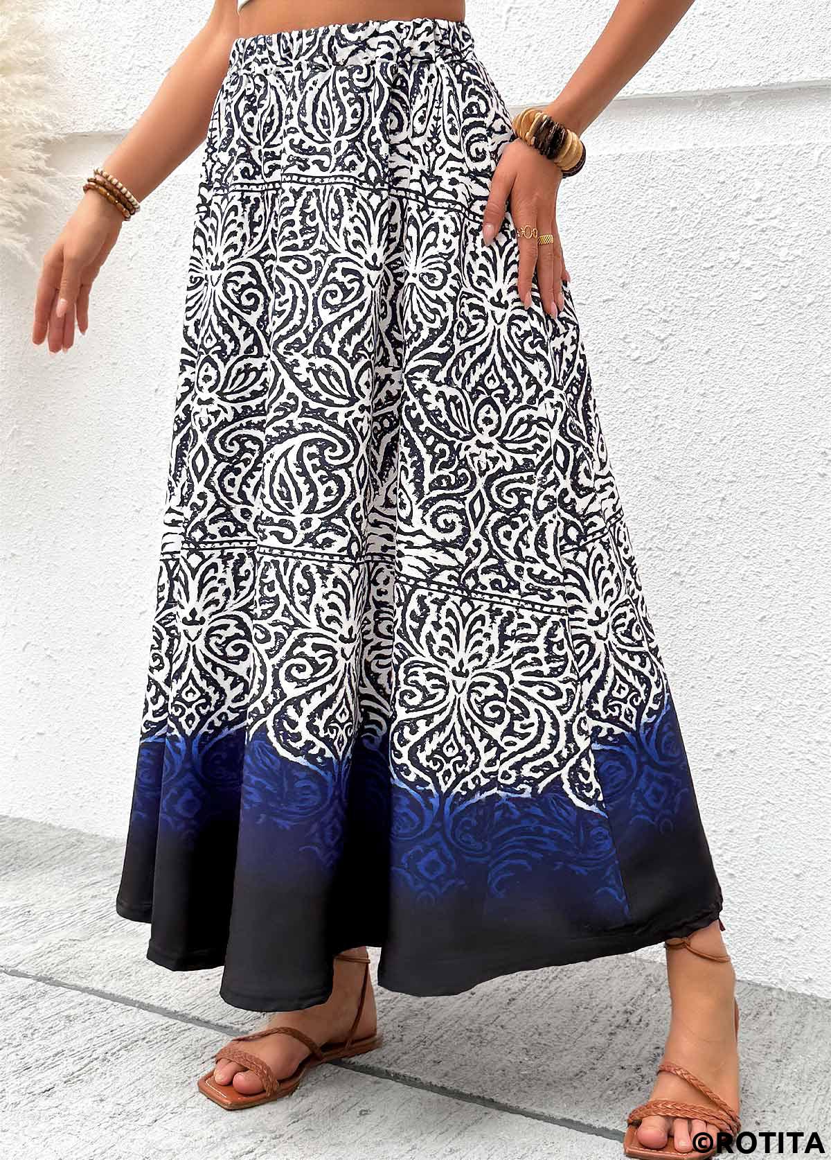 Navy bottoms,Tribal bottoms,Tribal Print Navy Maxi Elastic Waist A Line Skirt