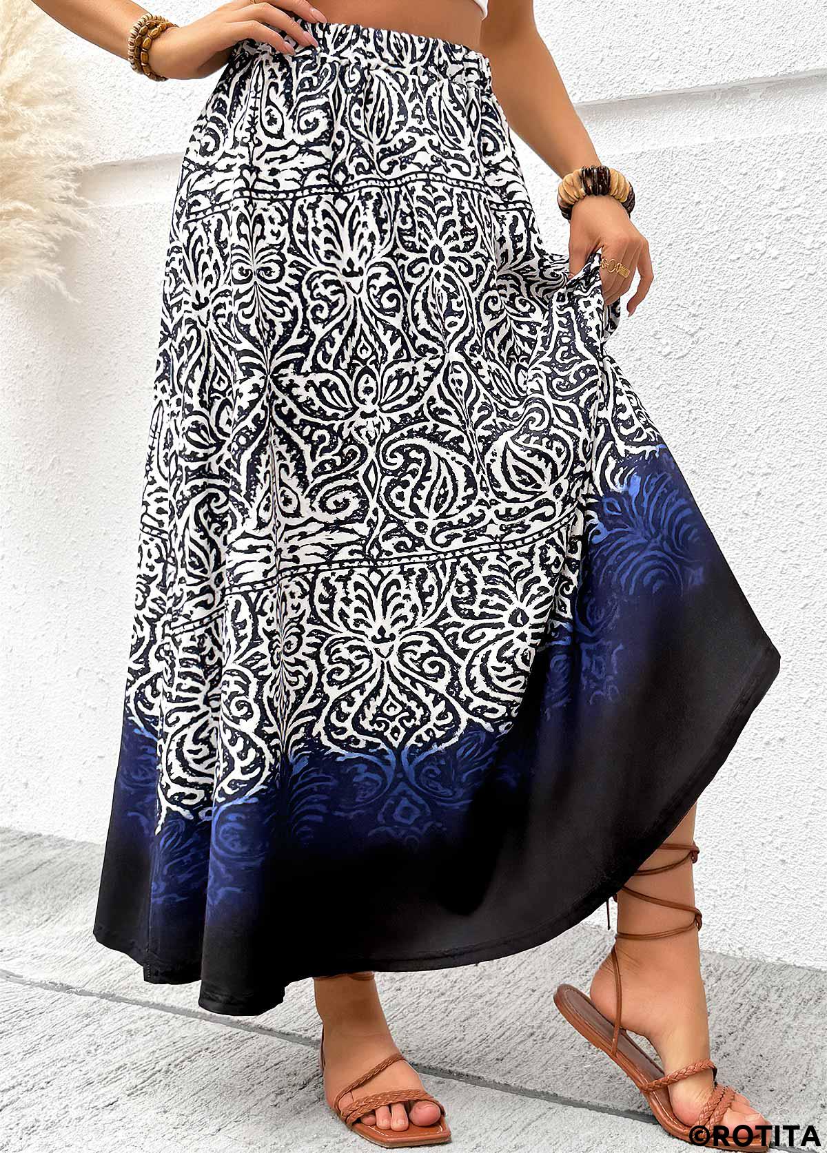 Navy bottoms,Tribal bottoms,Tribal Print Navy Maxi Elastic Waist A Line Skirt