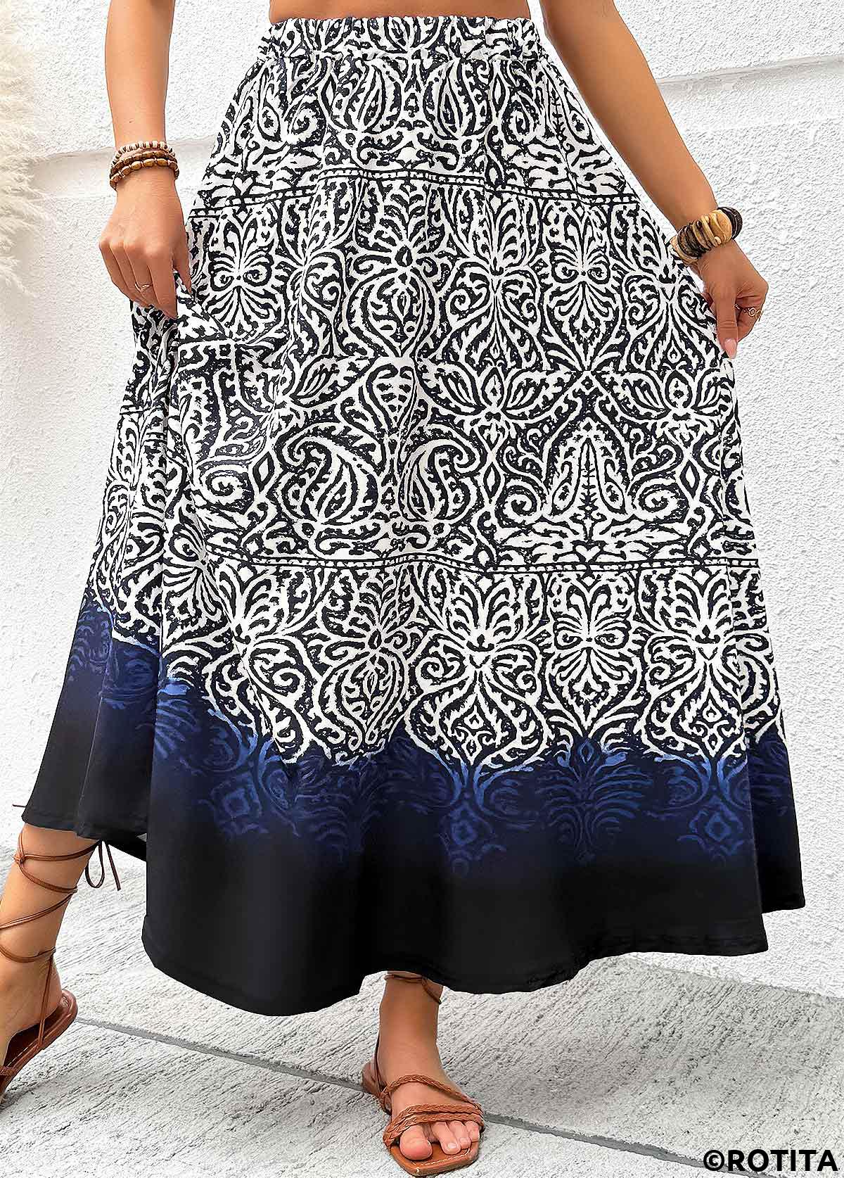 Navy bottoms,Tribal bottoms,Tribal Print Navy Maxi Elastic Waist A Line Skirt