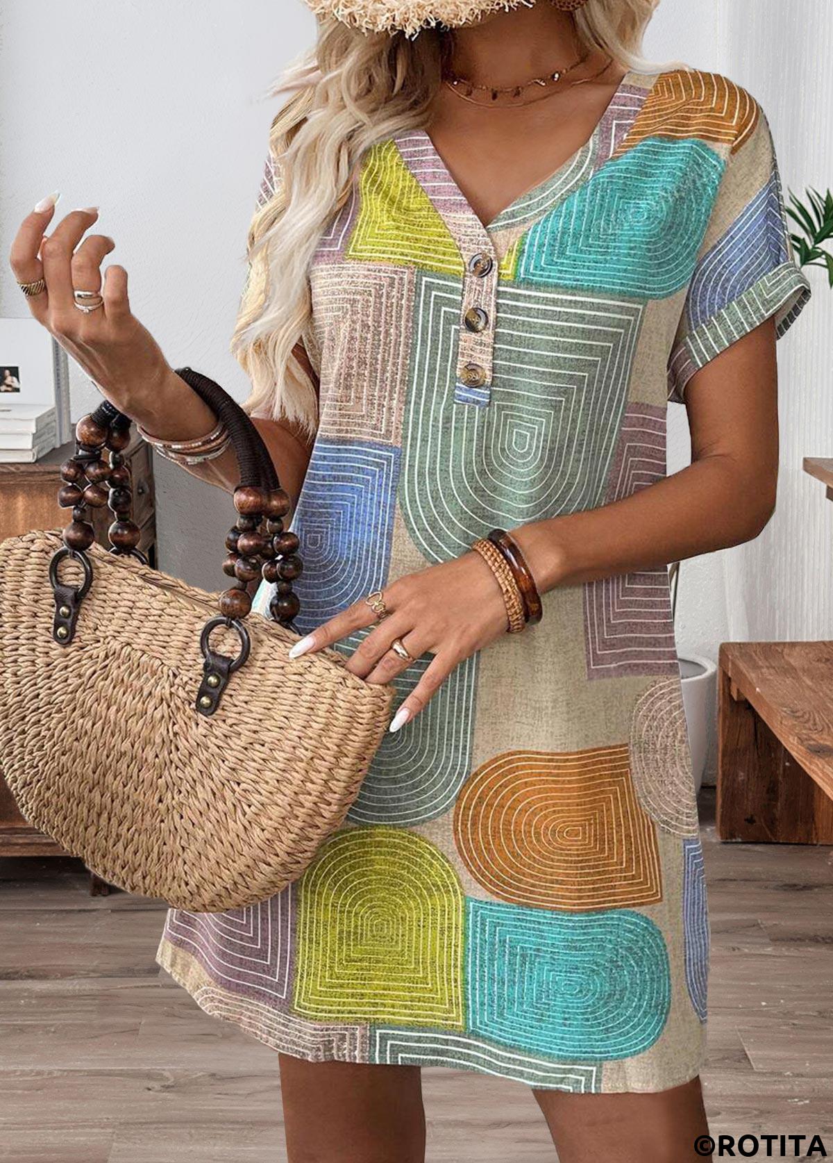 Multi Color dresses,Geometric dresses,Everyday dresses,Casual dresses,ROTITA Patchwork Geometric Print Multi Color Short V Neck Dress