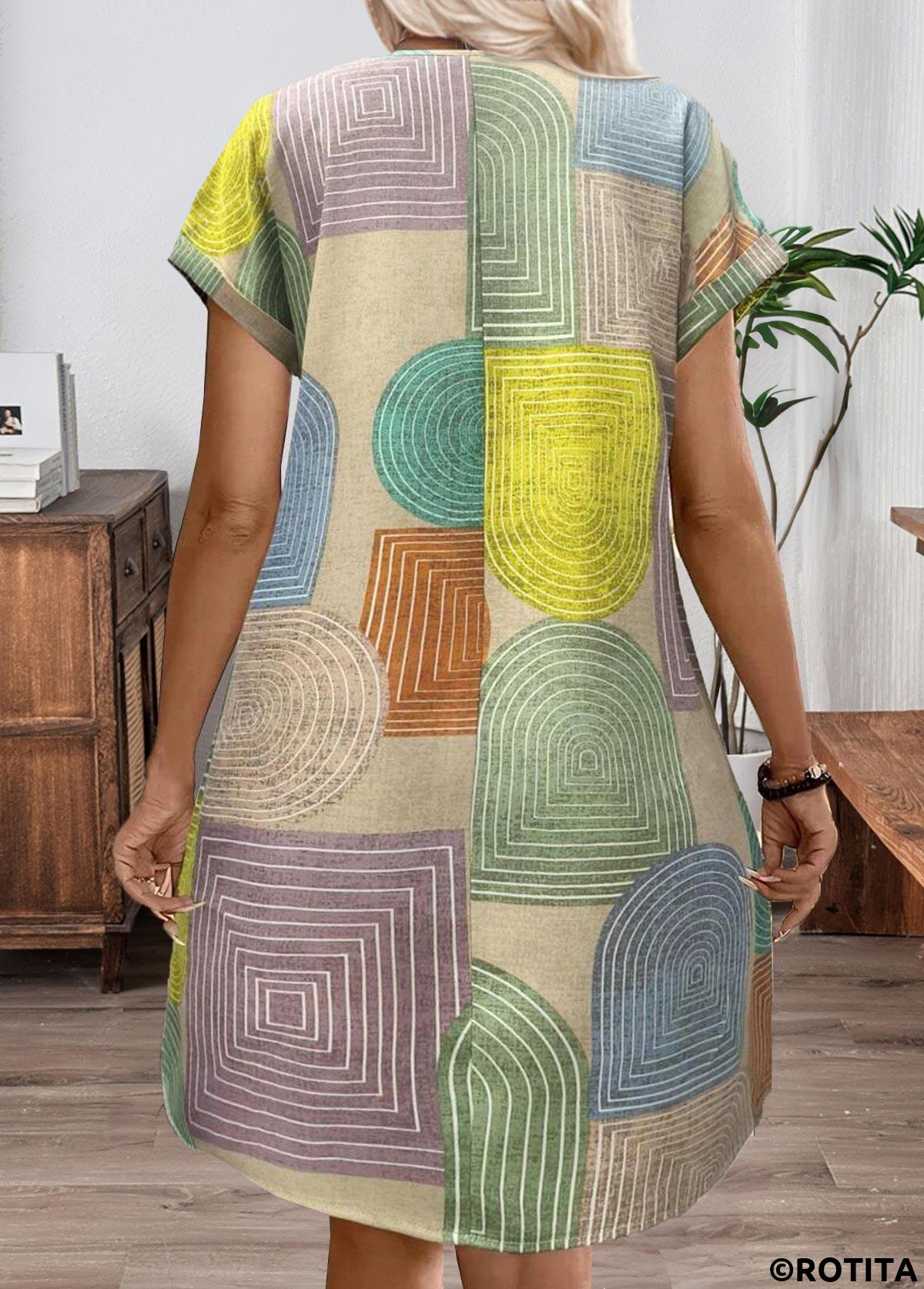 Multi Color dresses,Geometric dresses,Everyday dresses,Casual dresses,ROTITA Patchwork Geometric Print Multi Color Short V Neck Dress