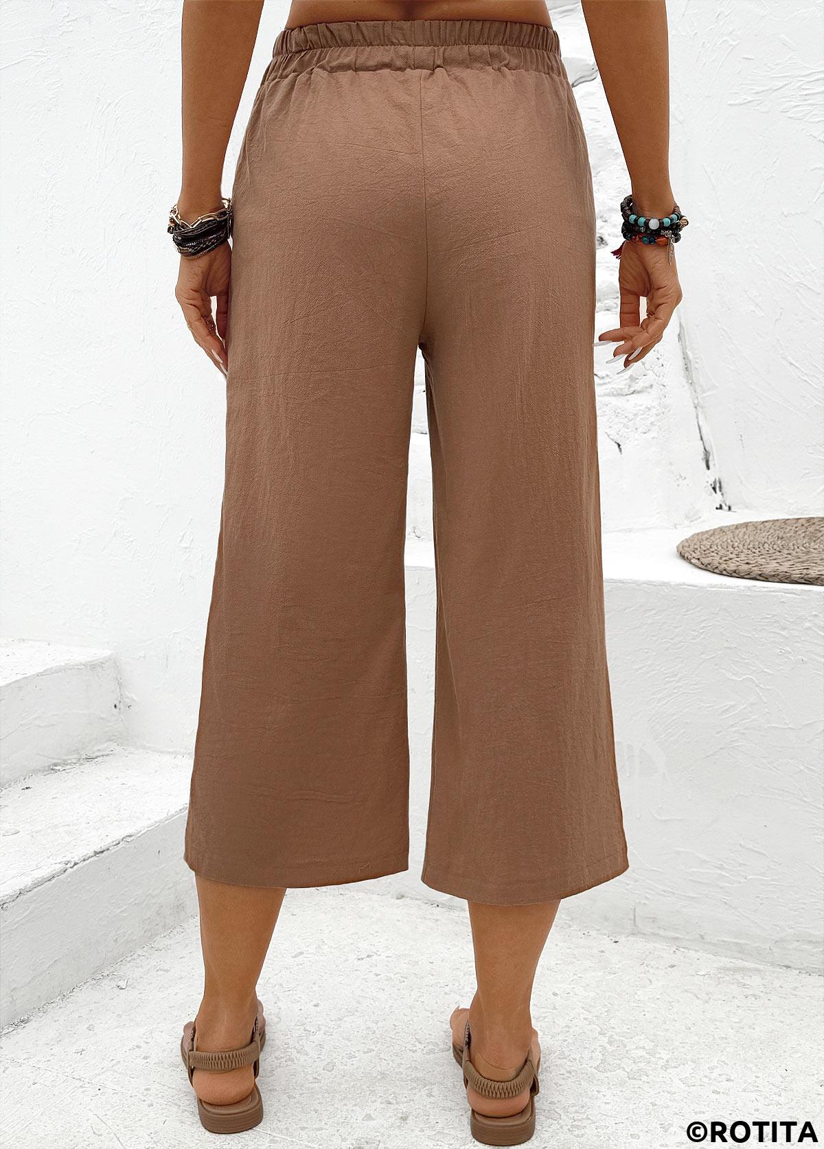 Dark Camel bottoms,Plain Color bottoms,Soft Dark Camel Straight Leg Elastic Waist Pants