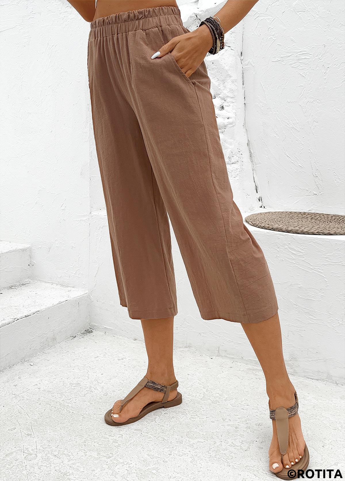 Dark Camel bottoms,Plain Color bottoms,Soft Dark Camel Straight Leg Elastic Waist Pants
