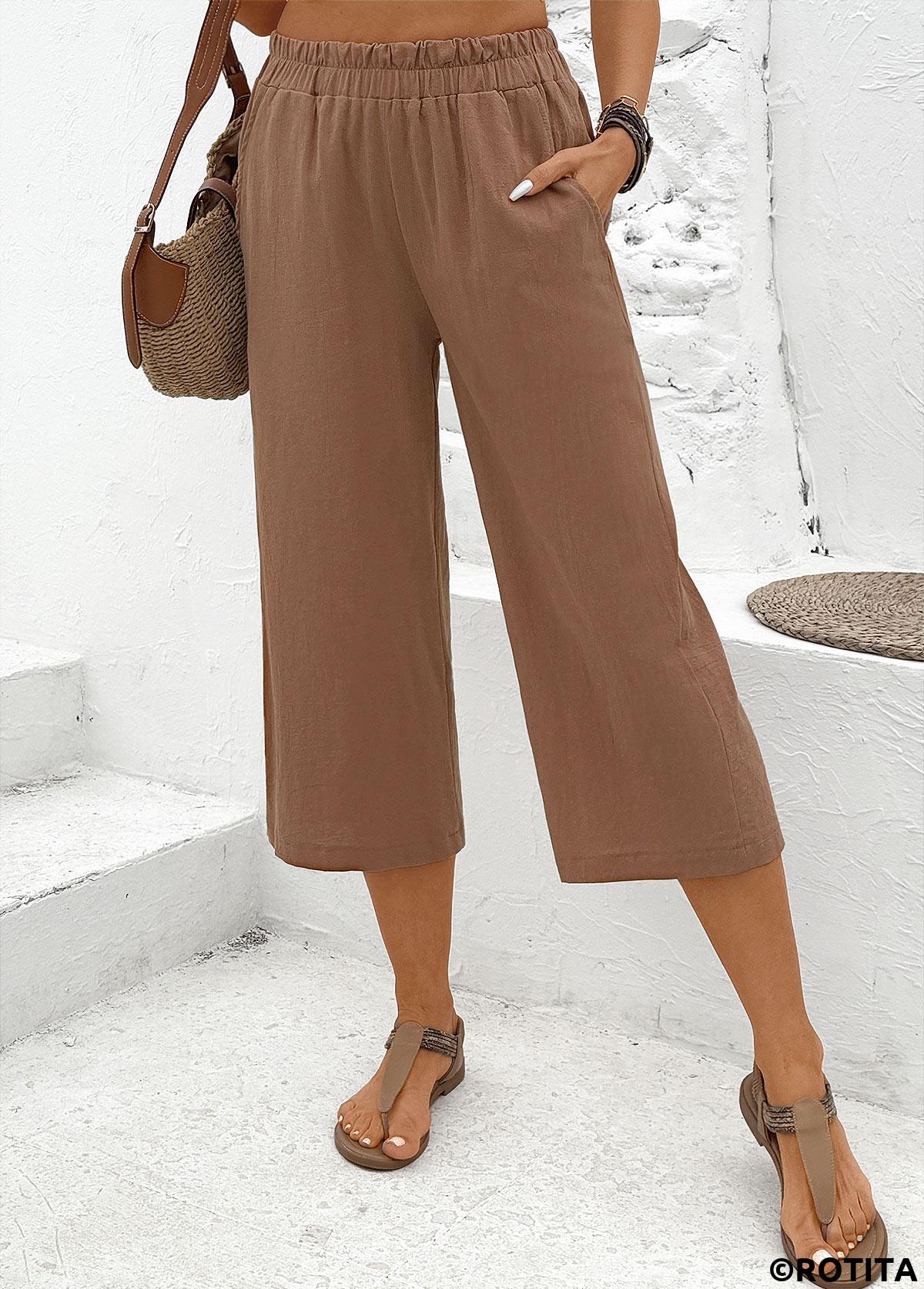 Dark Camel bottoms,Plain Color bottoms,Soft Dark Camel Straight Leg Elastic Waist Pants