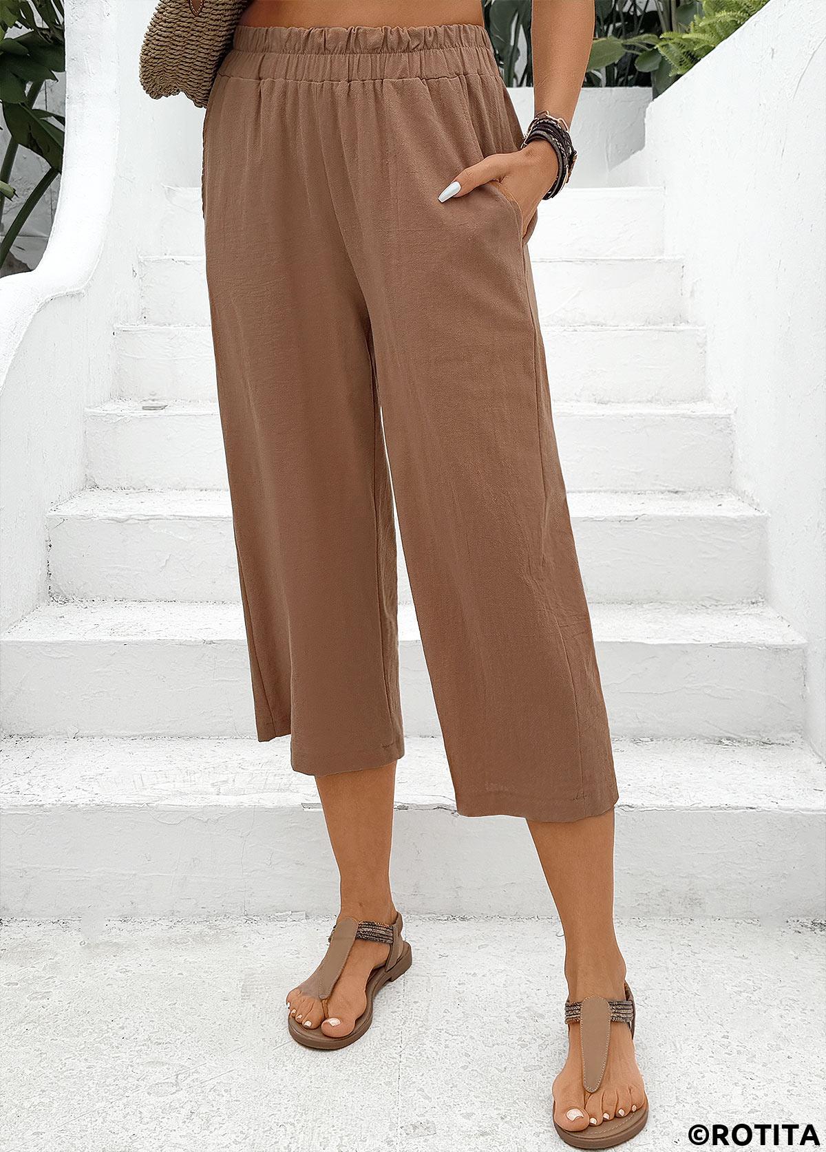 Dark Camel bottoms,Plain Color bottoms,Soft Dark Camel Straight Leg Elastic Waist Pants