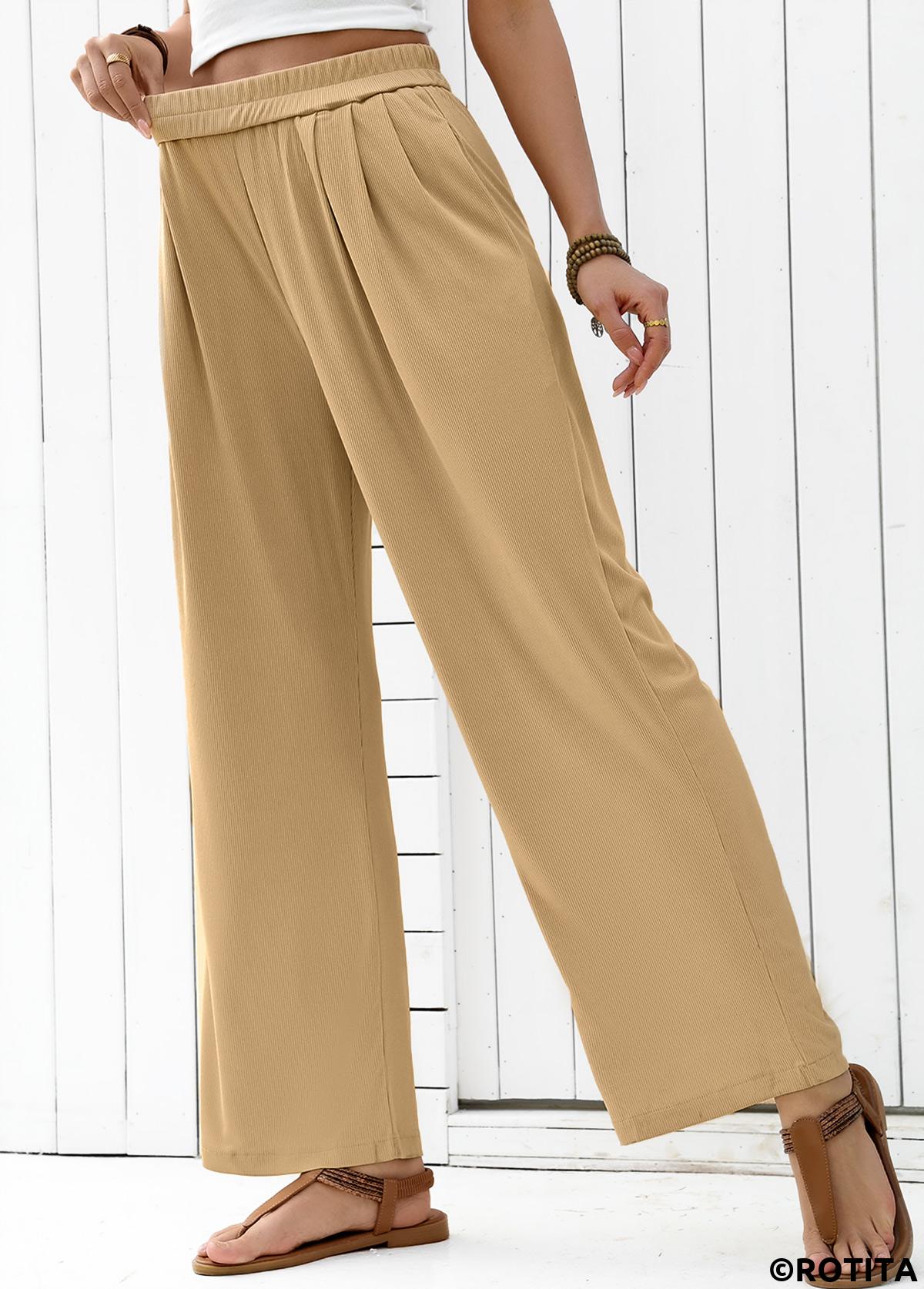 Light Camel bottoms,Plain Color bottoms,Flowy Light Camel Wide Leg Elastic Waist Pants