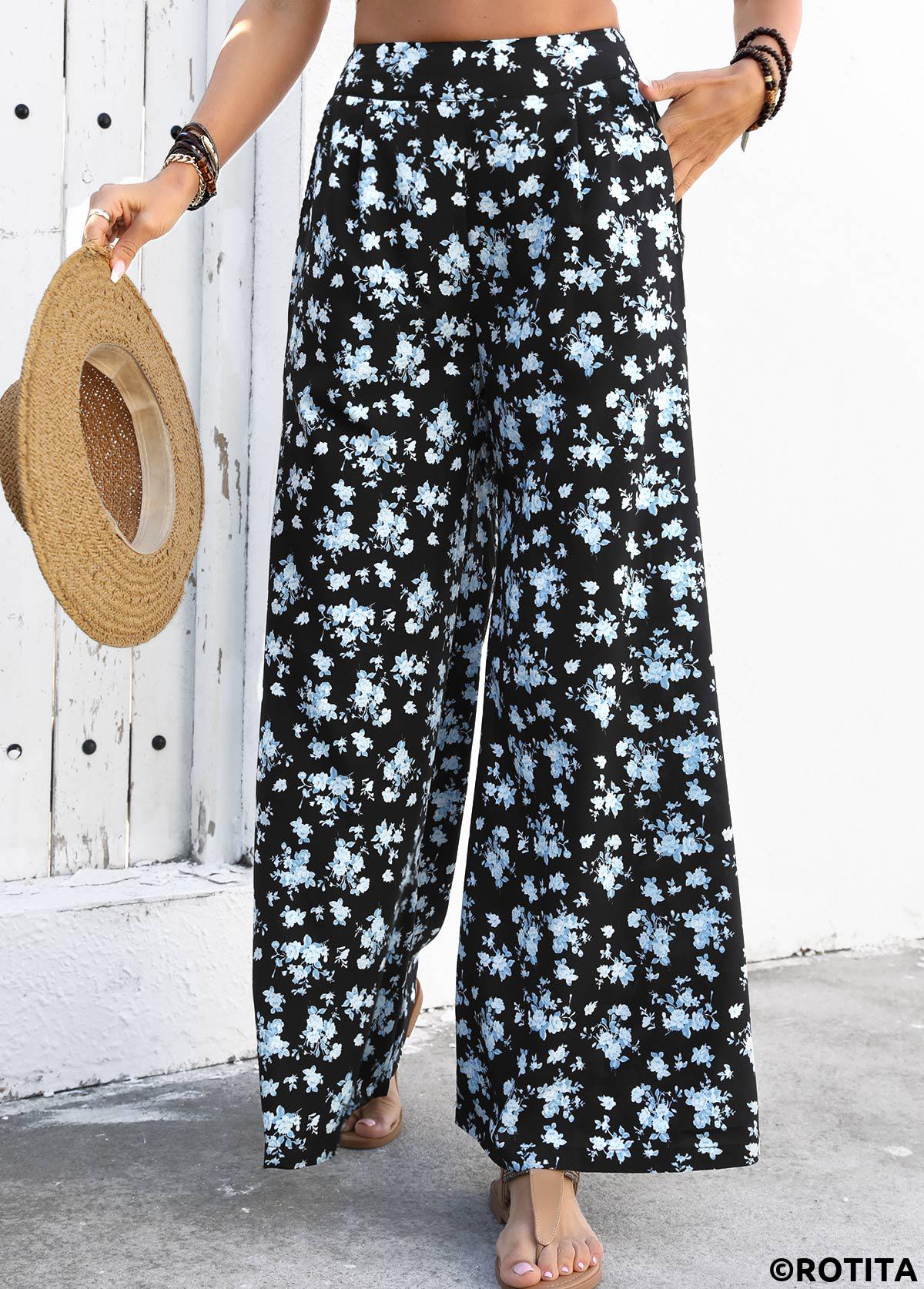 Black bottoms,Ditsy Floral bottoms,Flowy Ditsy Floral Print Black Wide Leg Pants