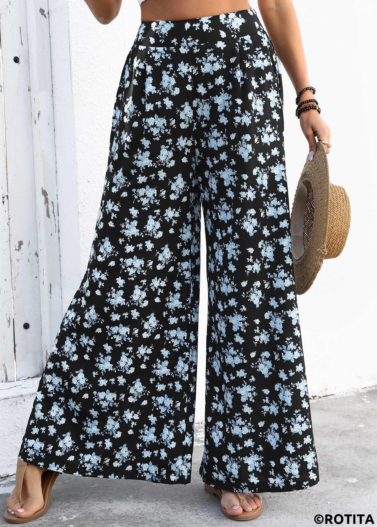 Black bottoms,Ditsy Floral bottoms,Flowy Ditsy Floral Print Black Wide Leg Pants